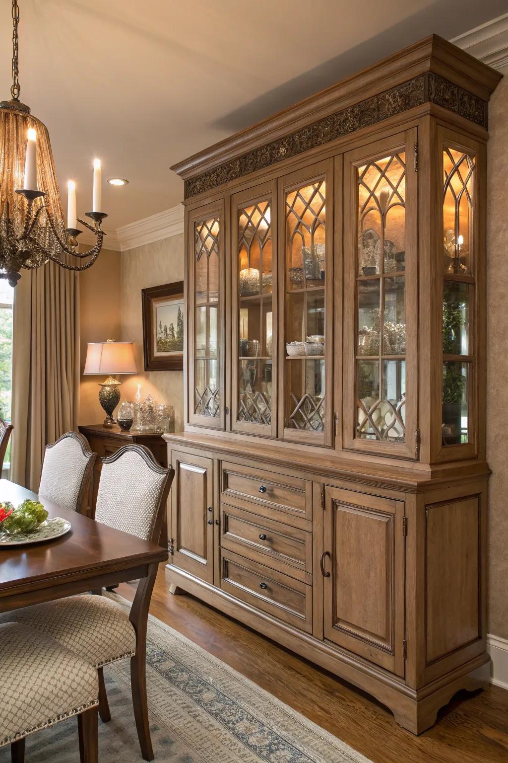 Dining room cabinets enhanced with decorative hardware for added charm and personality.
