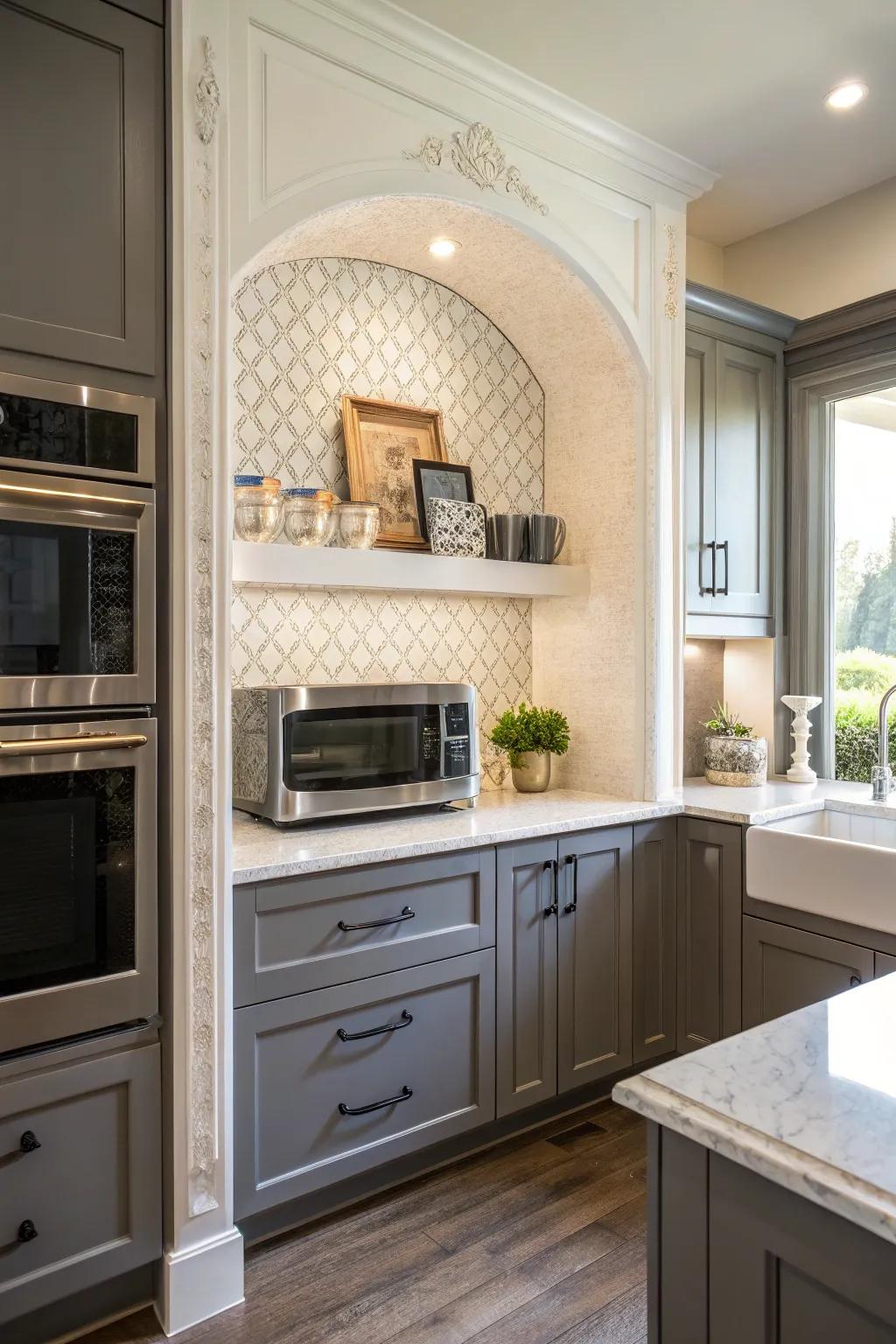 Stylish kitchen featuring a decorative alcove for the wave emitter.