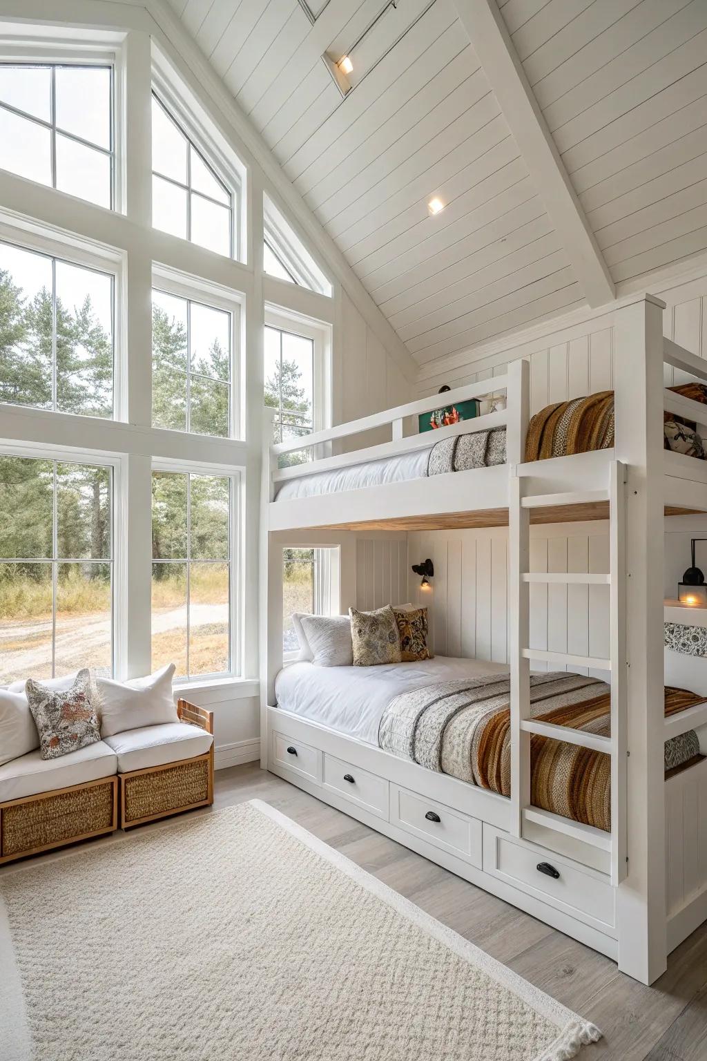Radiant and airy white hues establish an expansive sensation.