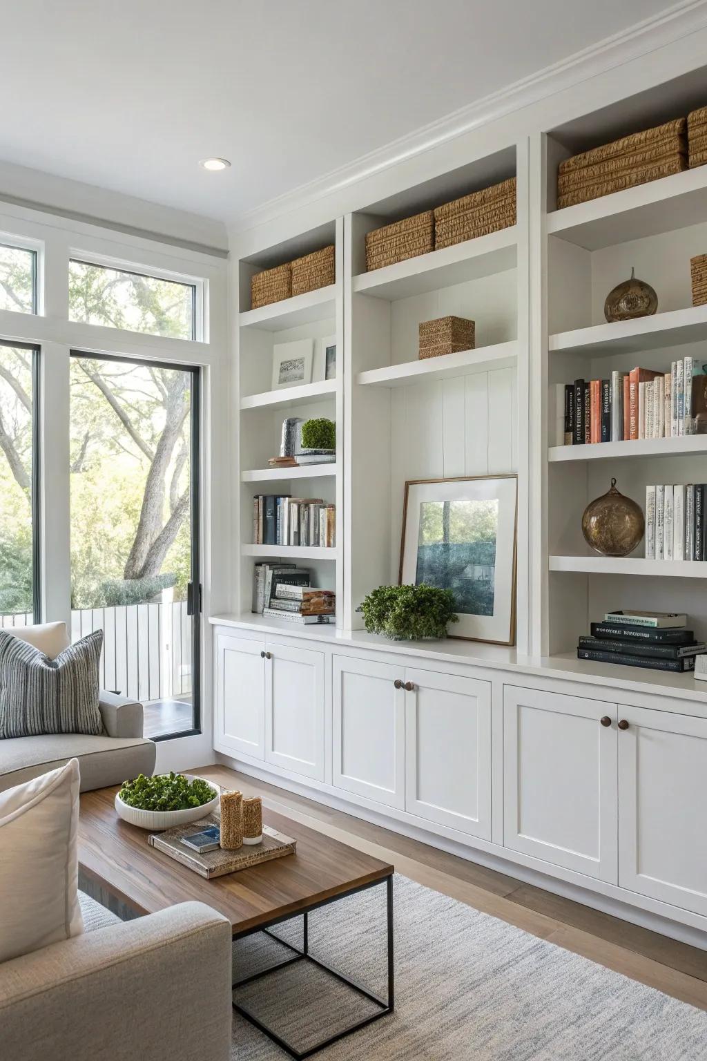 Utilitarian stowing via a fusion of open and concealed shelving maintains the area's order.