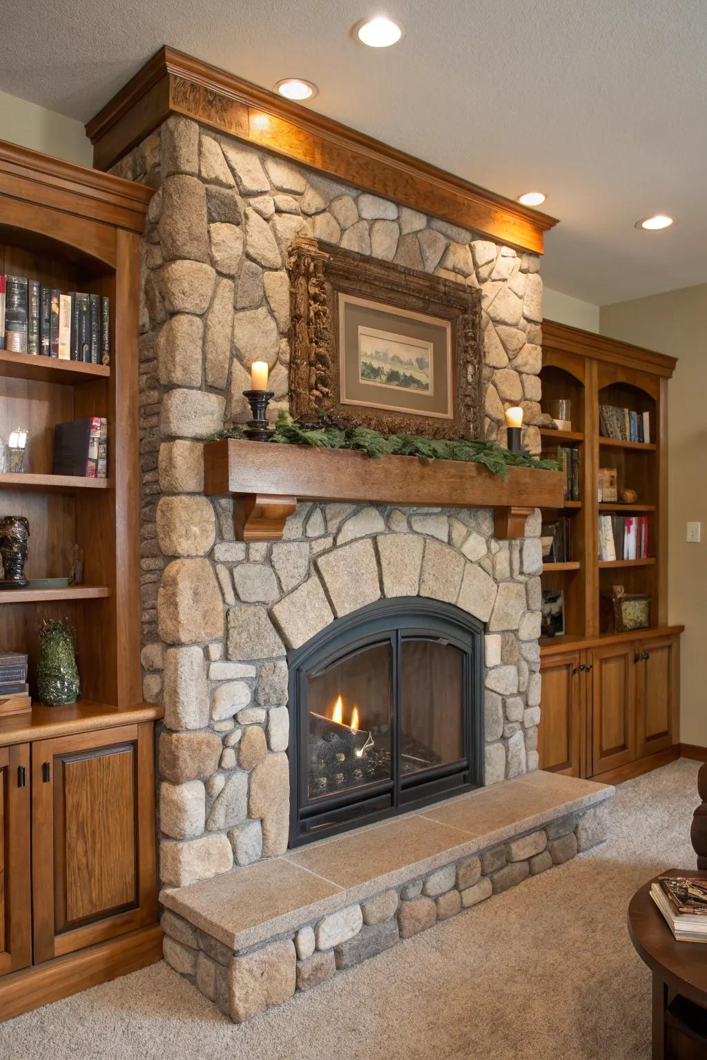 Stone details contribute rustic charm to the fireplace's built-in features.