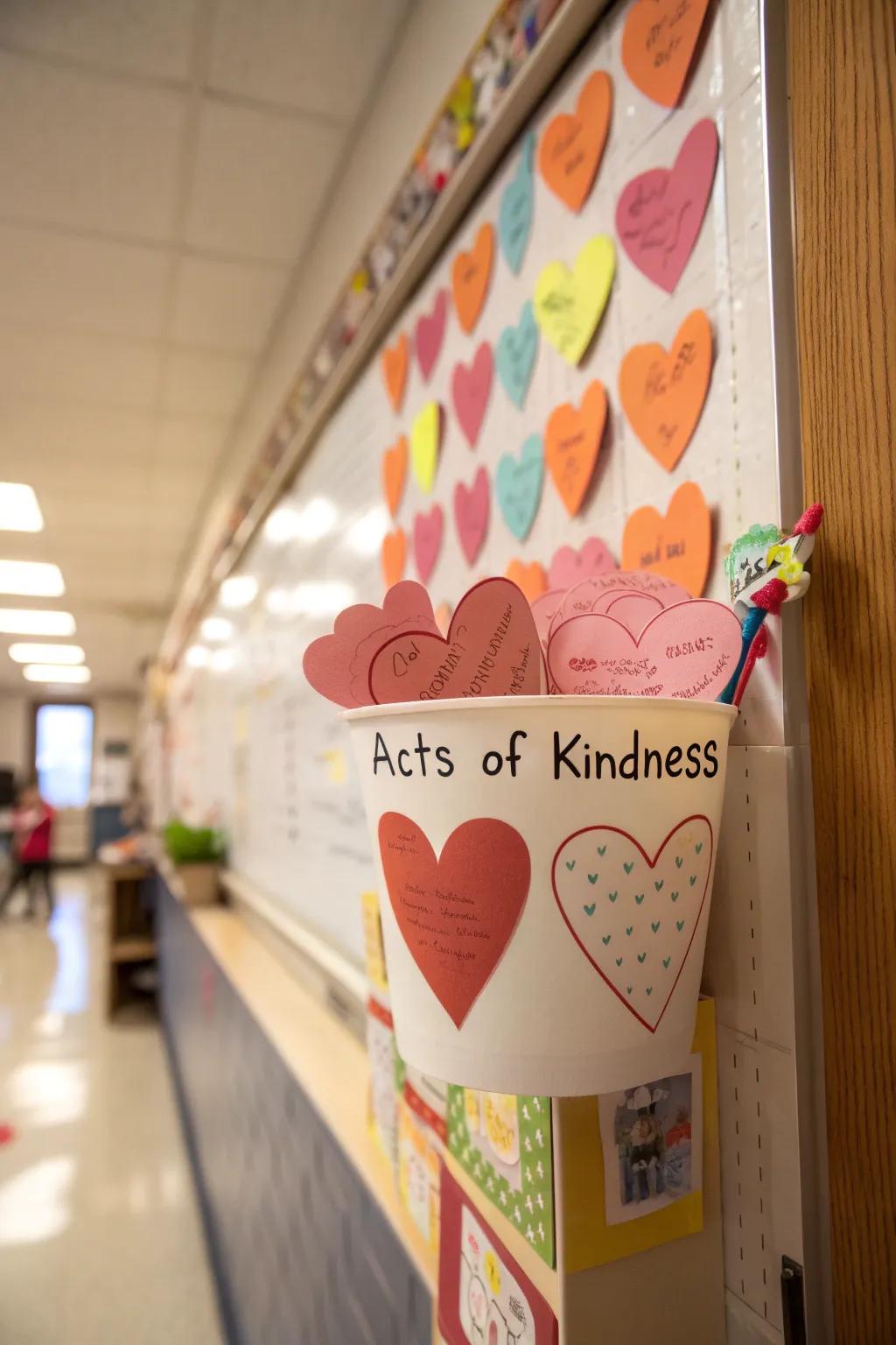 A container of kindness overflowing with affection-themed decorations symbolizing acts of love.