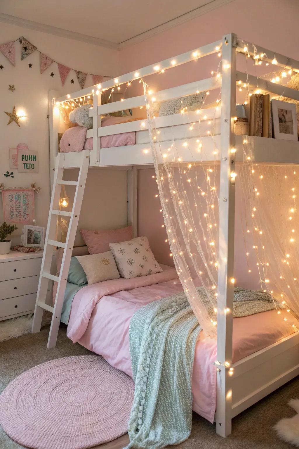 Decorative lights add a magical touch to this cozy girl's room.