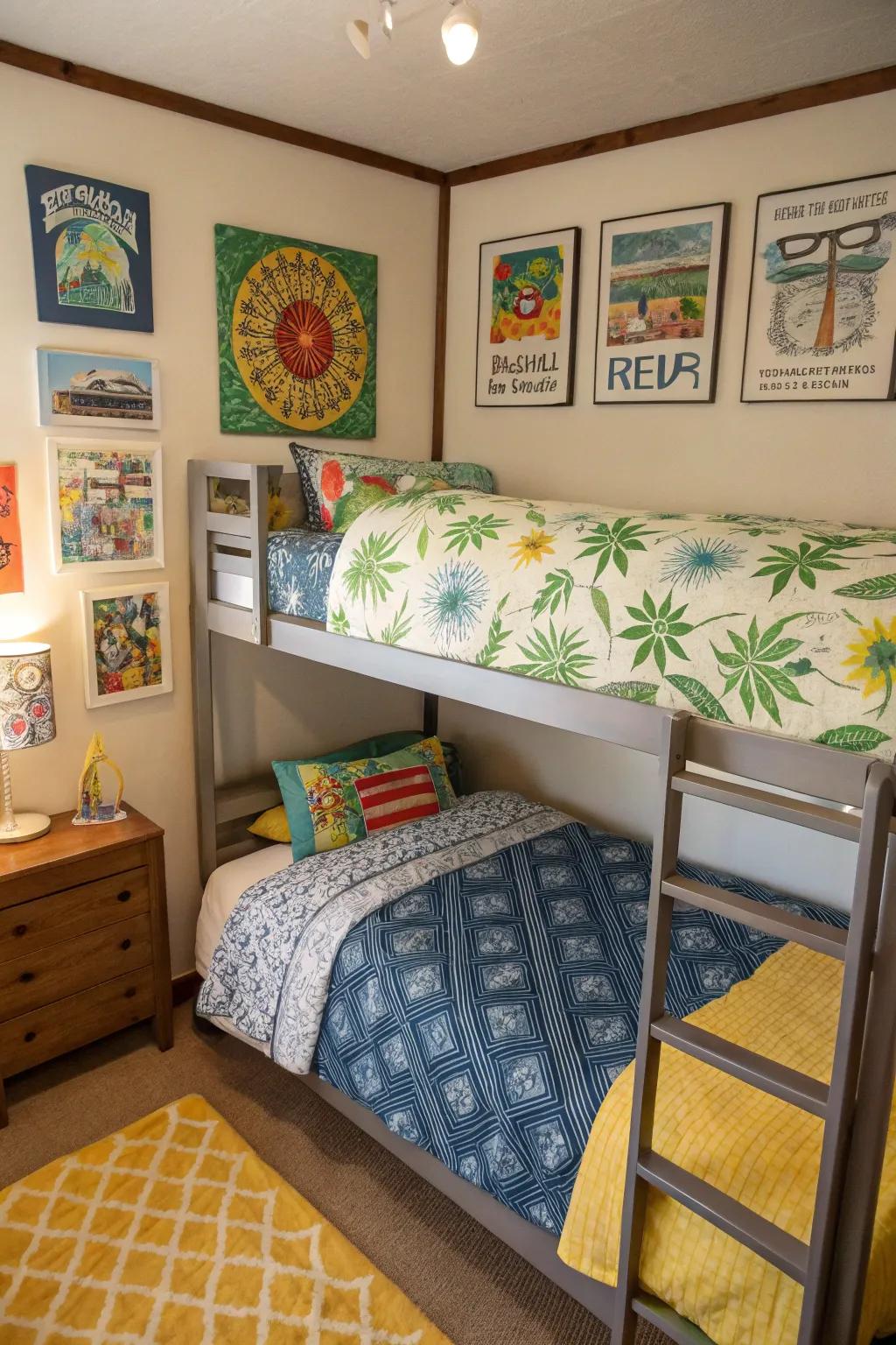 A personalized bunk room featuring unique bedding and artwork.