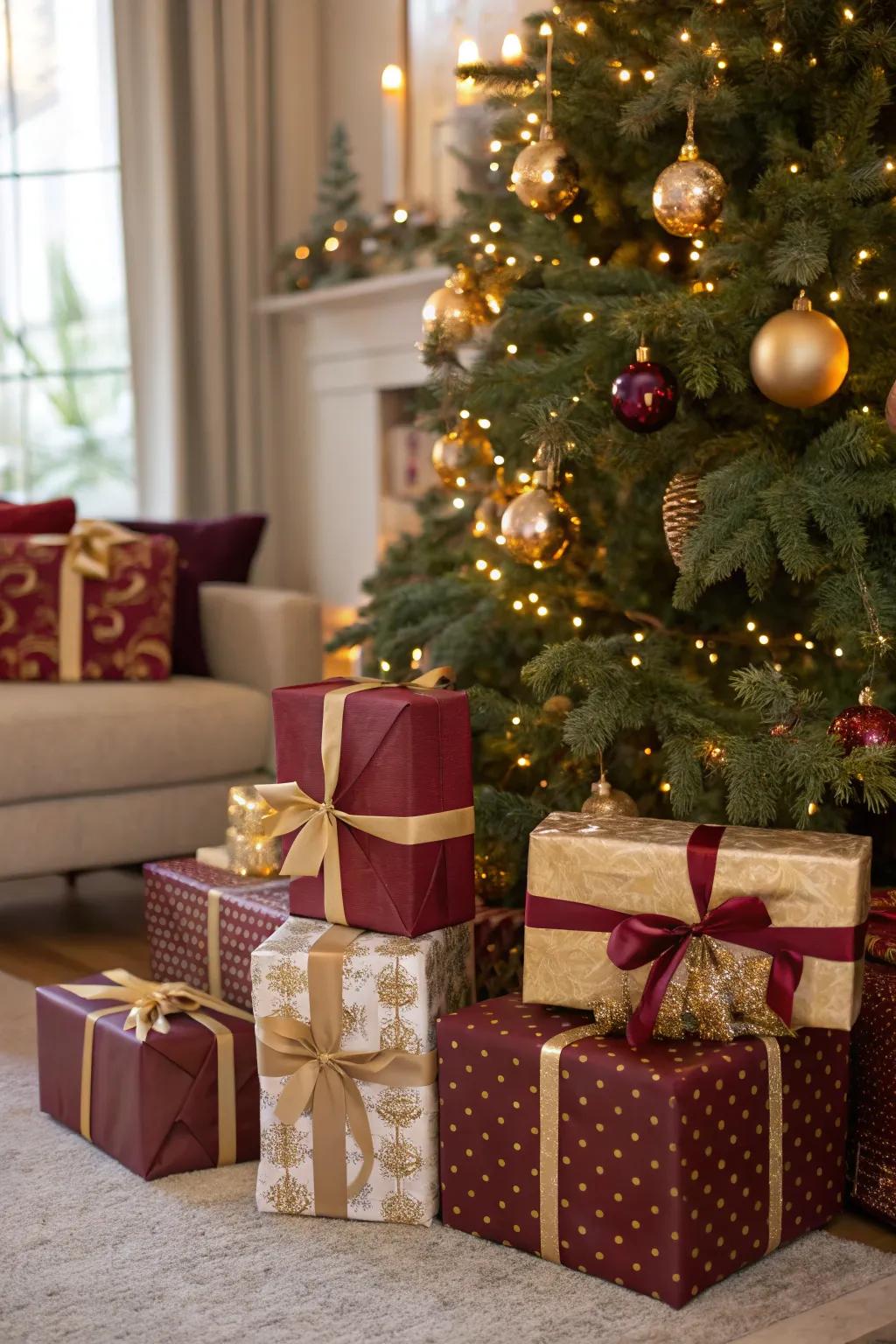 Coordinated gift dressings accentuate the motif beneath the tree.