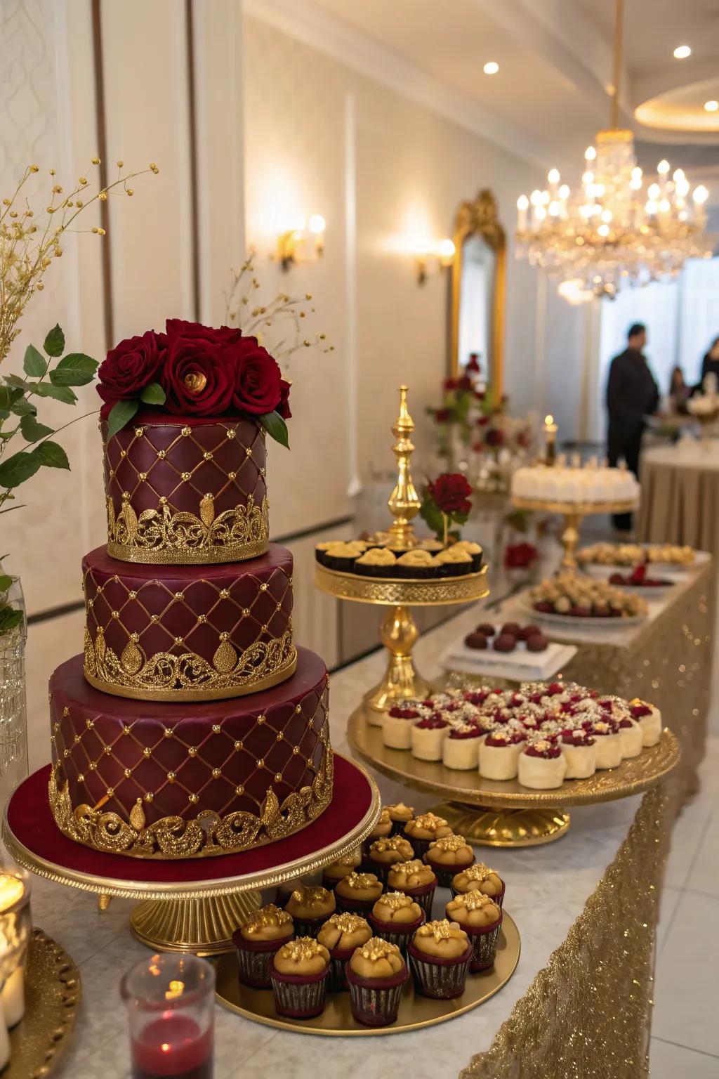 A lavish dessert exhibit that looks as delightful as it tastes, all in claret and gold.
