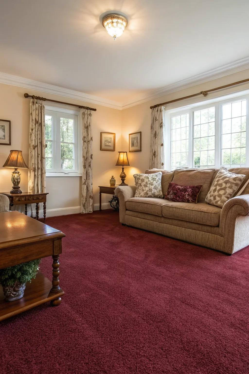 Pale walls establish a striking contrast that accentuates the deep red floor covering.