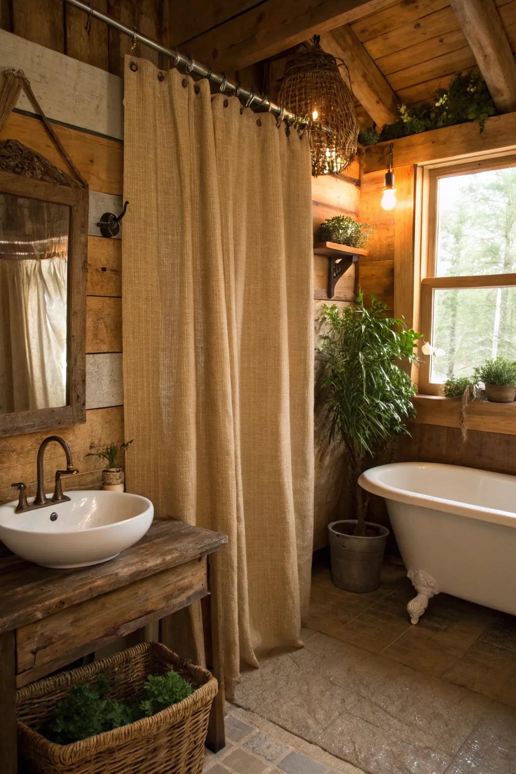 Down-to-earth sanctuary through material shower drapes.