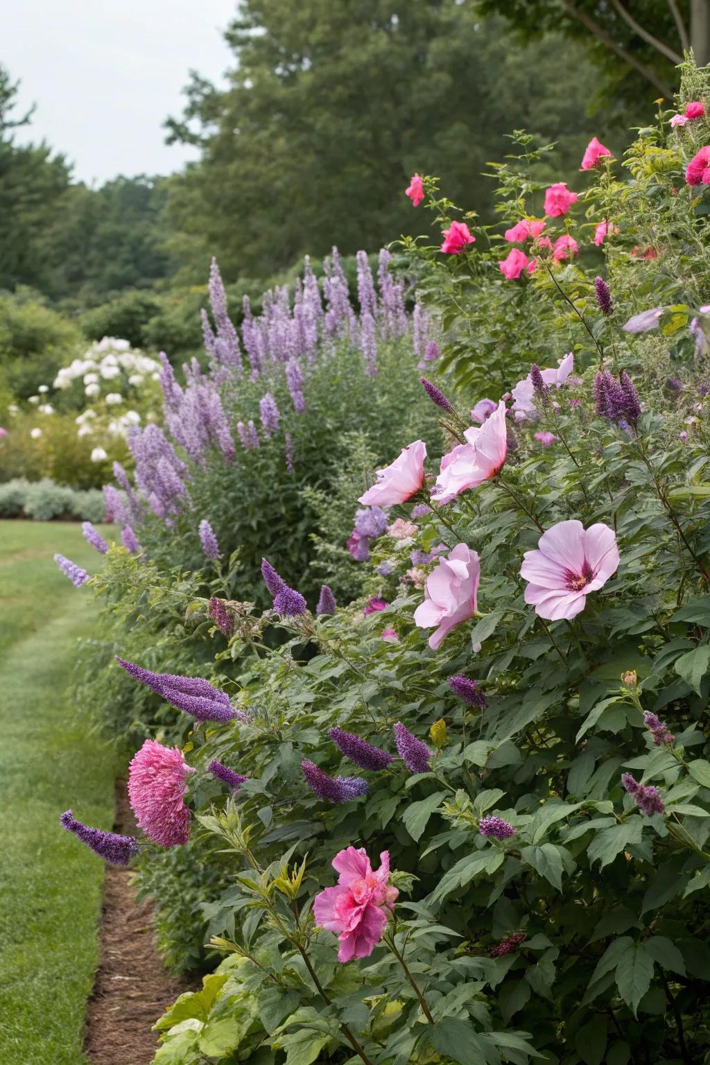 Hibiscus syriacus contributes theatrical flair to the summer lilac backdrop.