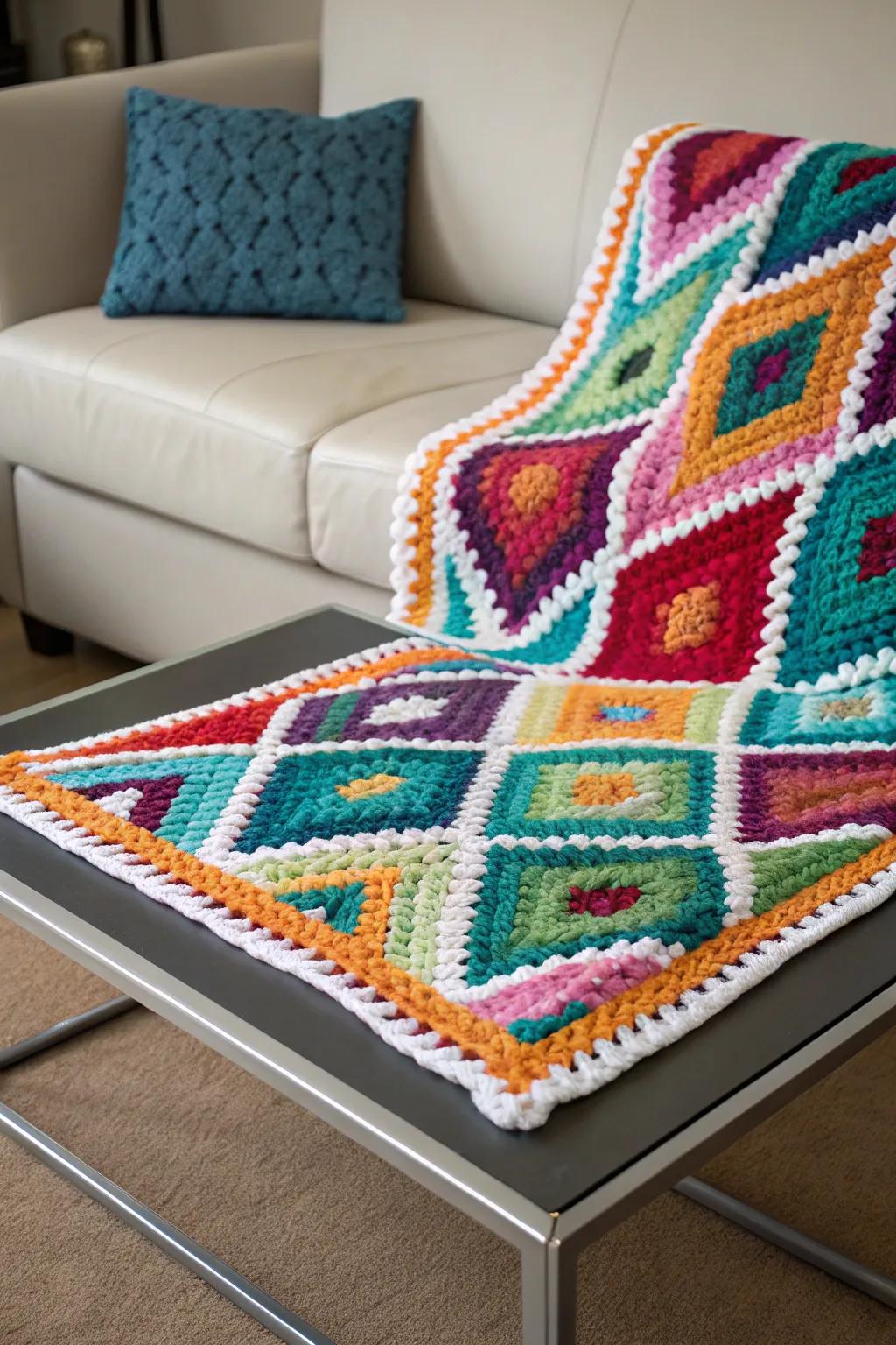 The geometric patterns give this crochet piece a distinct, modern feel.