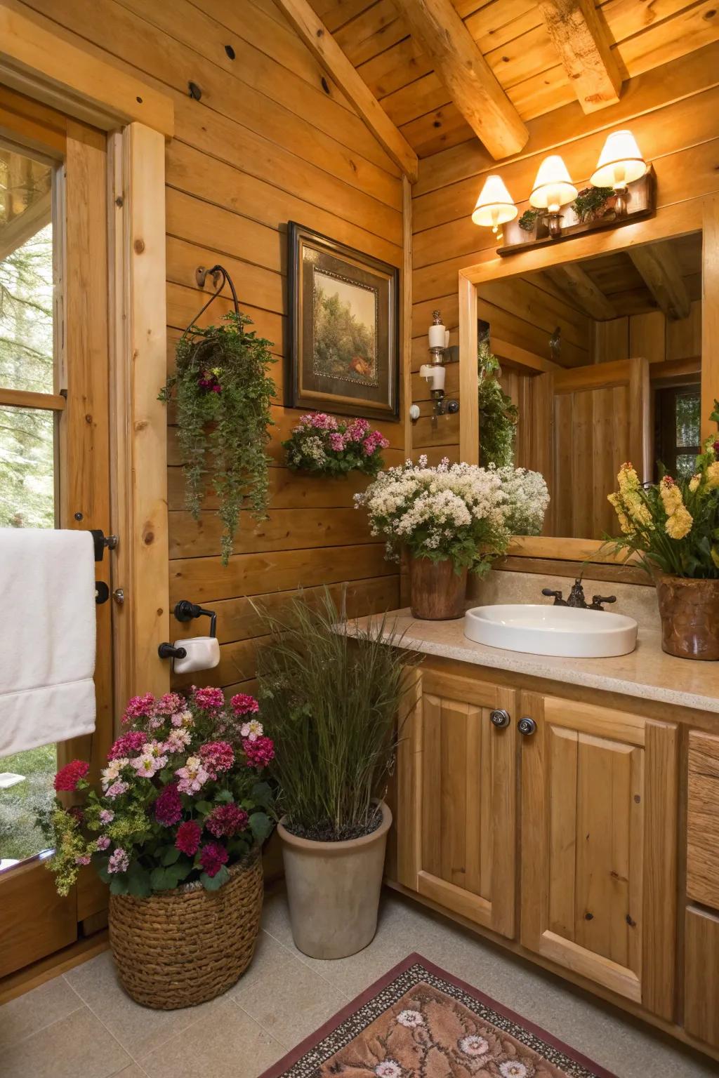 Organic embellishments bring freshness and vibrancy to a cabin bathroom.