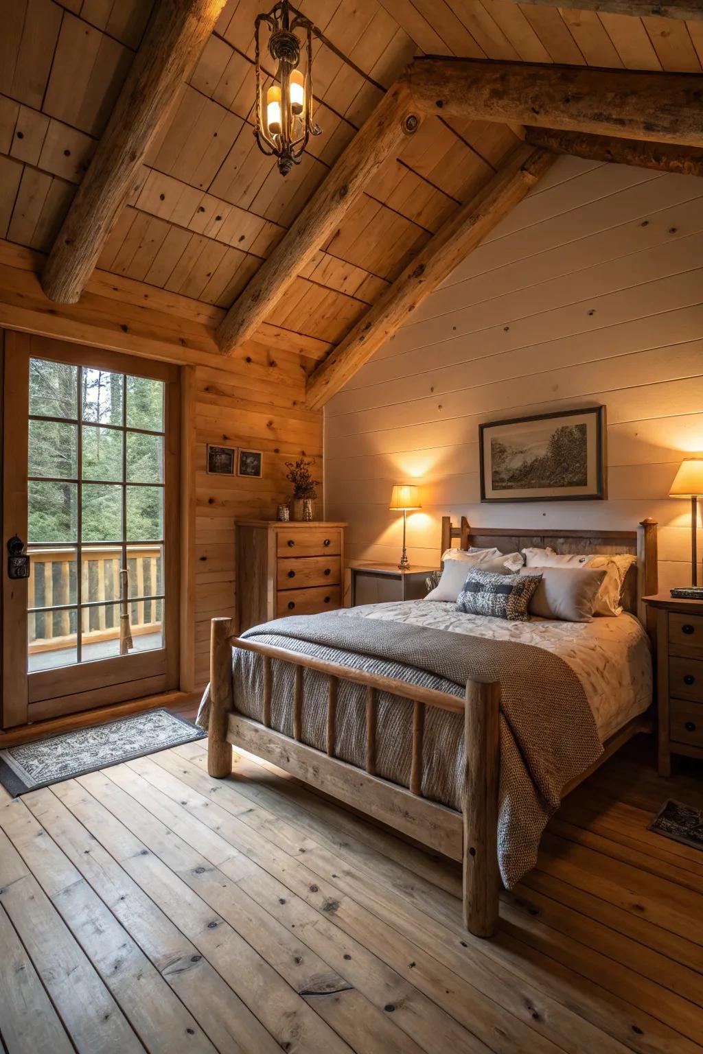 A cabin bedroom illuminated with comforting lighting and wooden accents.