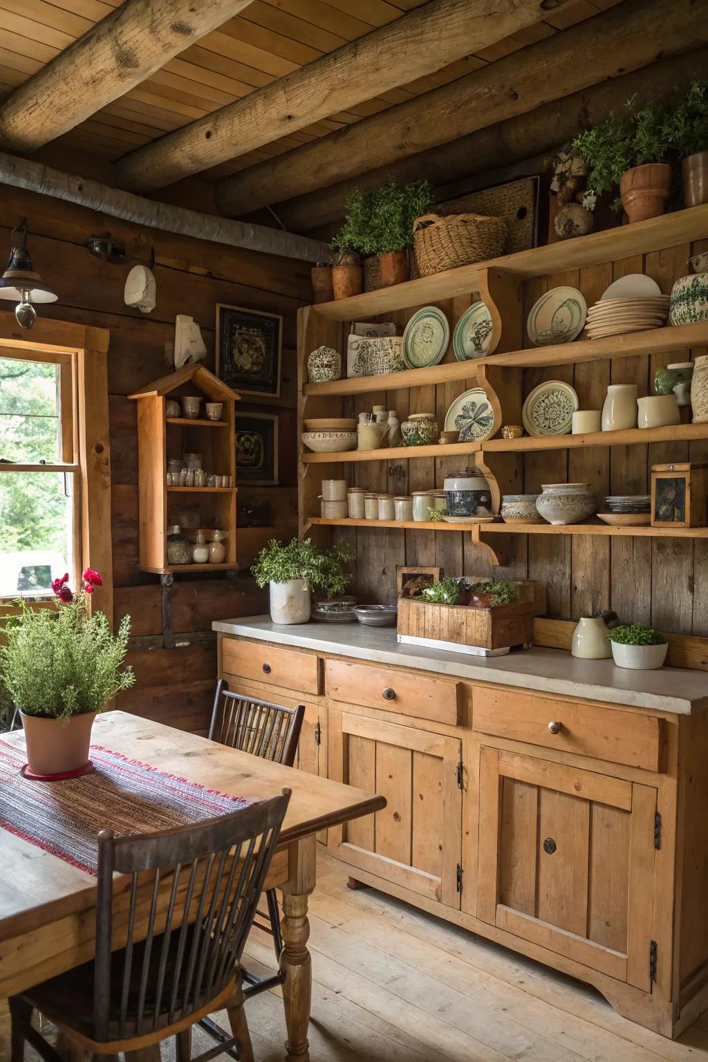 Open shelving offers both style and functionality in a cabin cooking space.