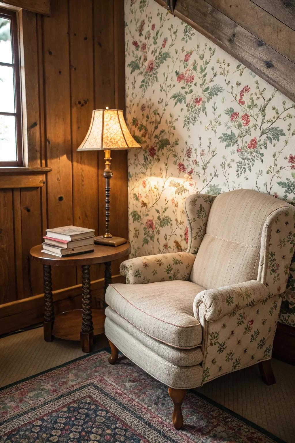Charming classic wallpaper enriches a cozy corner with character.