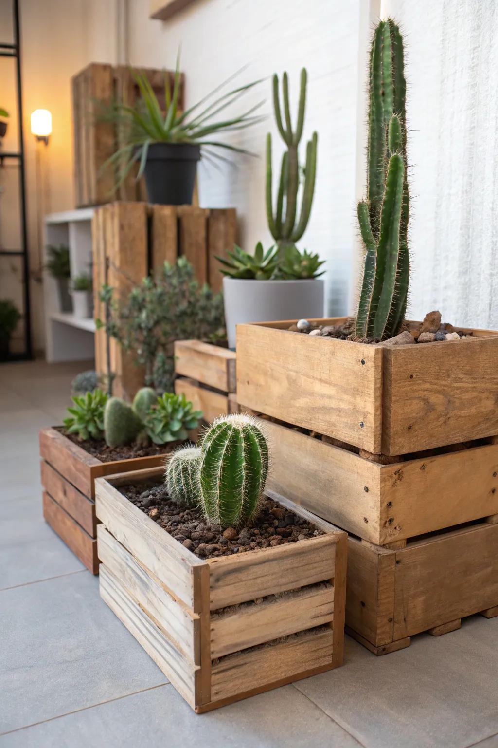 Reclaimed lumber crates add a rustic appeal to your cactus garden.