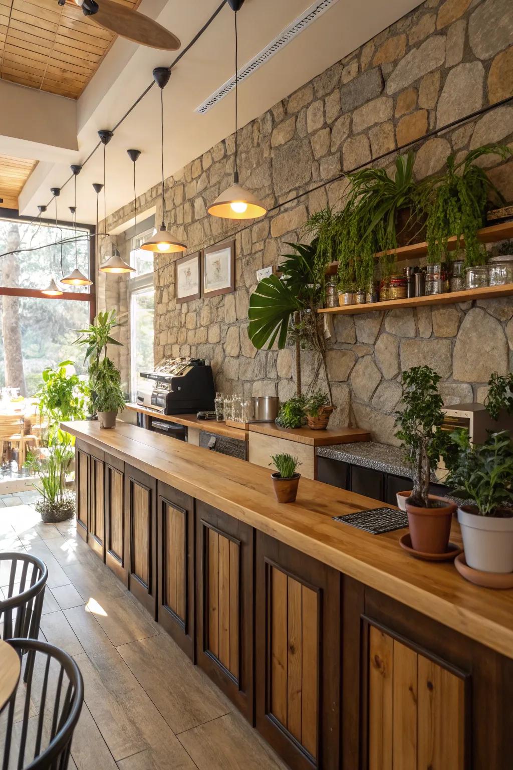 A cafe kitchen showcasing earth tones for a cozy and welcoming feel.