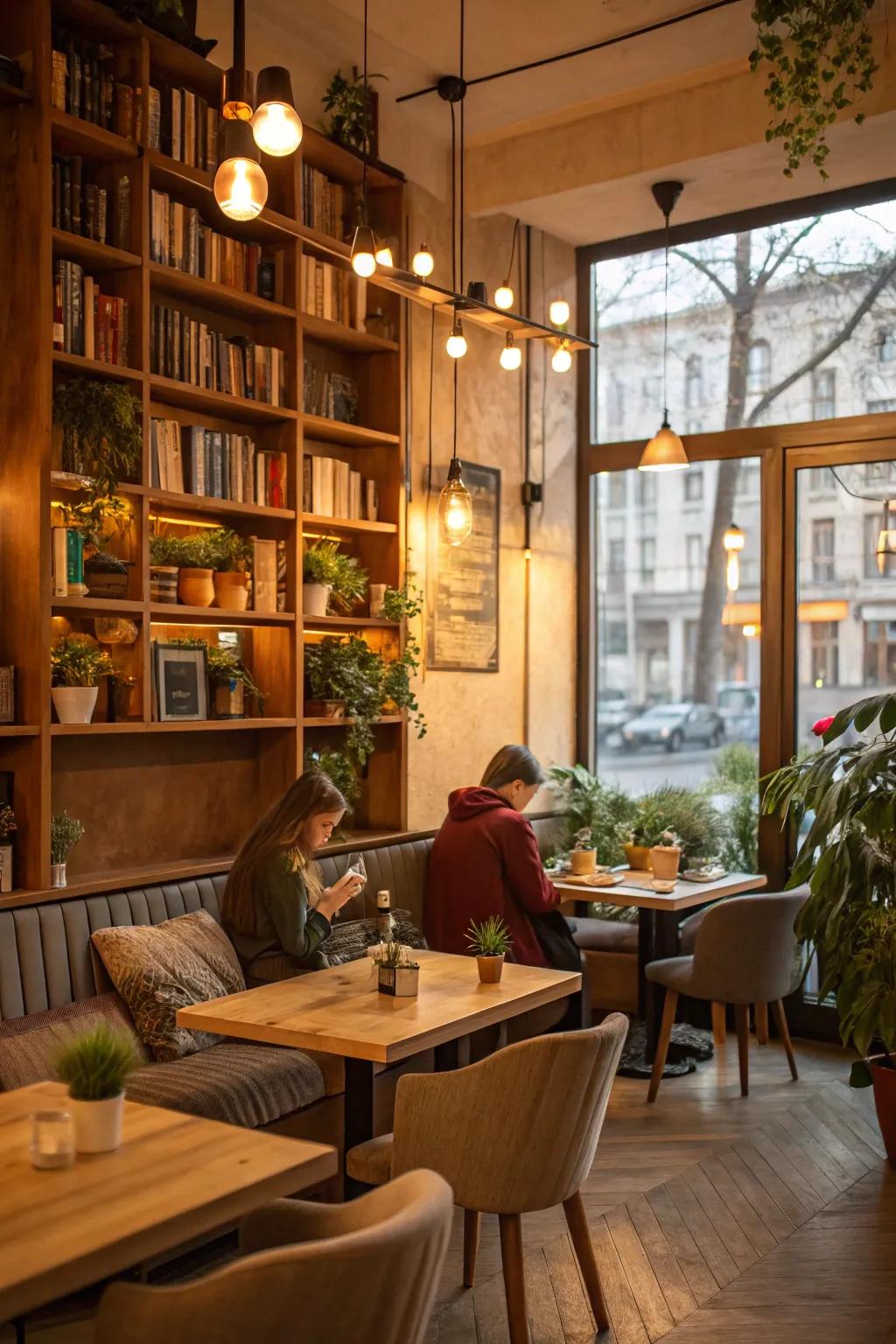 A cafe displaying the welcoming embrace of warm-toned lighting.