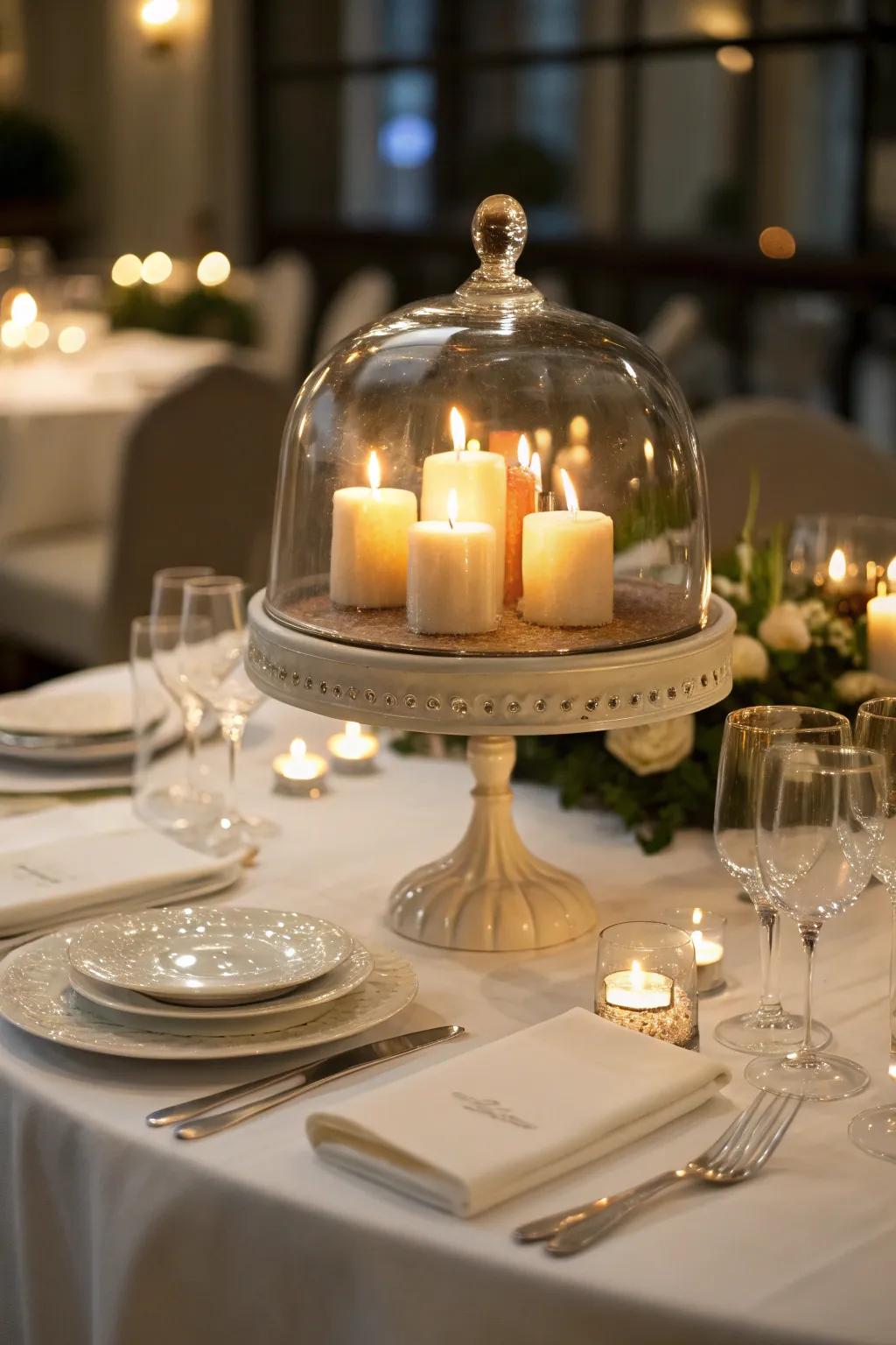 Create a romantic dining encounter with a candlelit dome centerpiece.