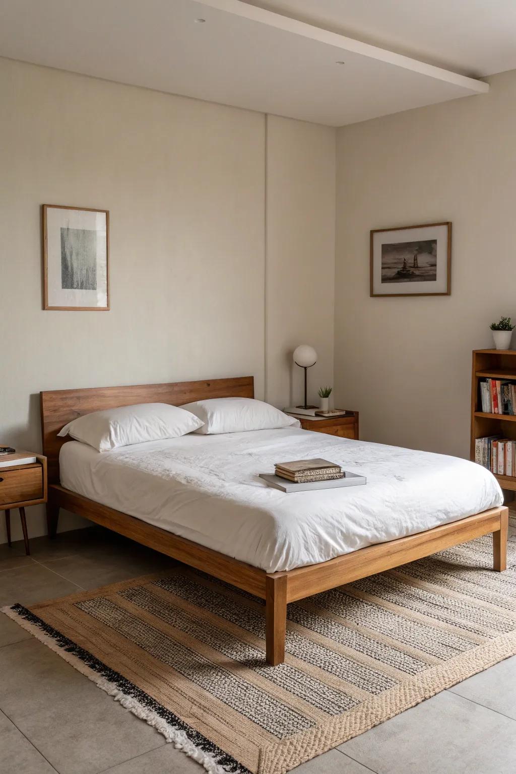 Minimalist bedroom showcasing simple furniture and uncluttered surfaces.