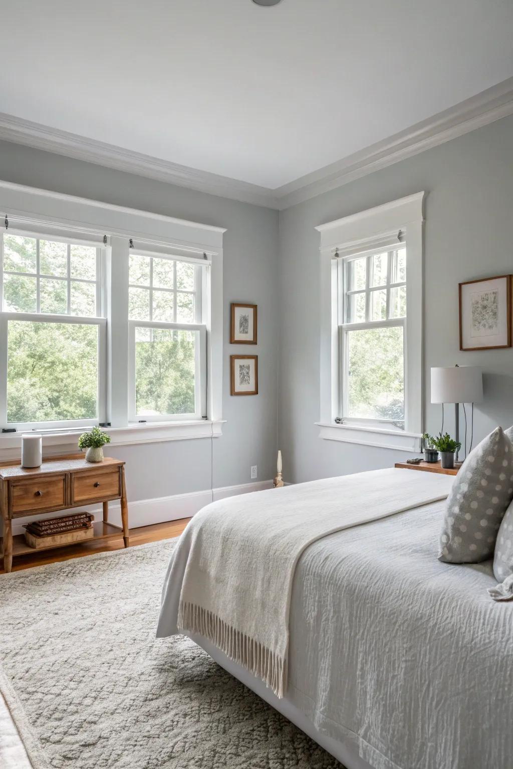 Pale gray walls give a modern and tranquil atmosphere.