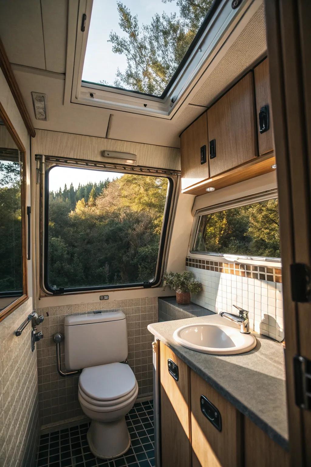 A mobile home washroom beautifully brightened by a sky window.