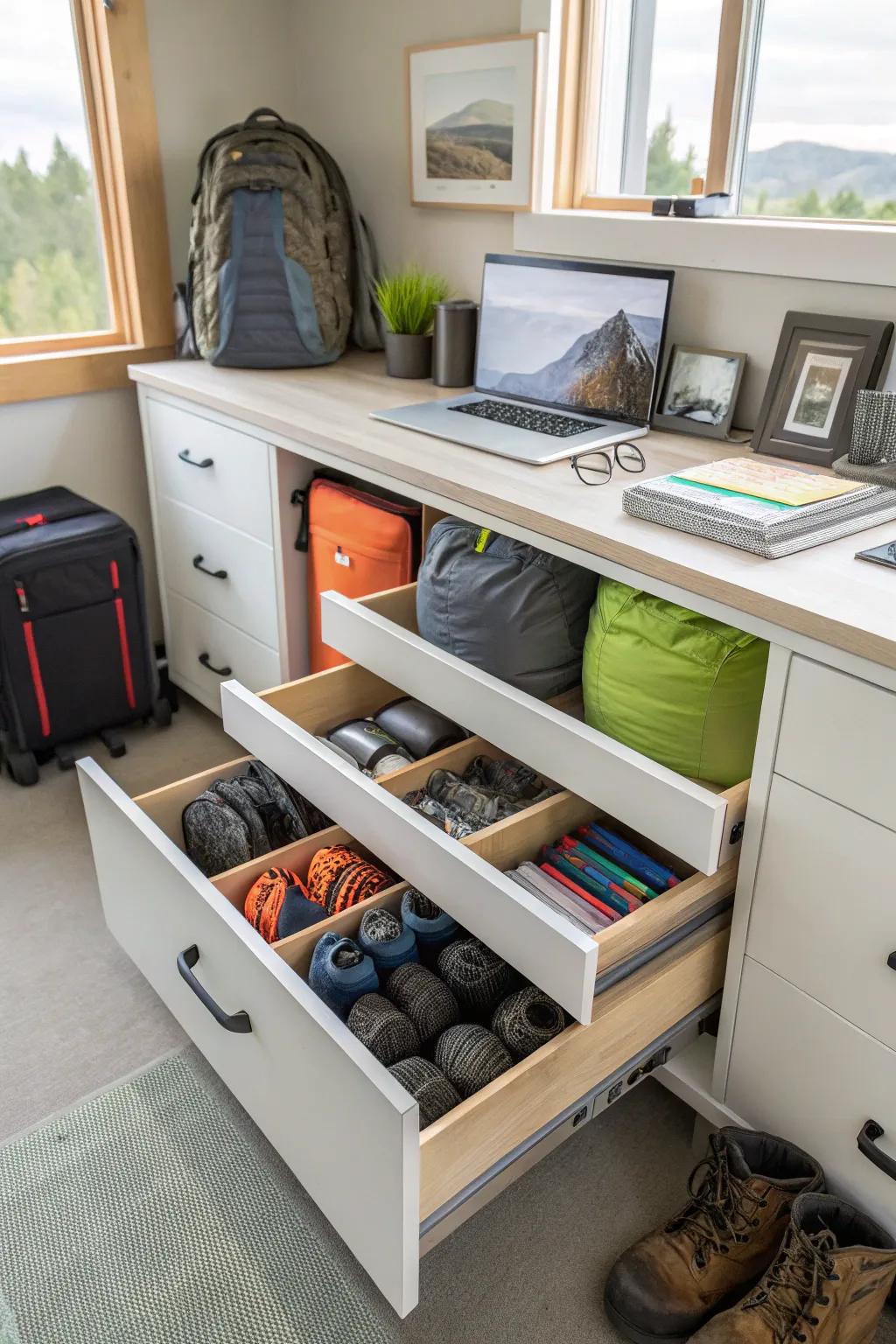 Drawer systems efficiently sort and store camping gear.