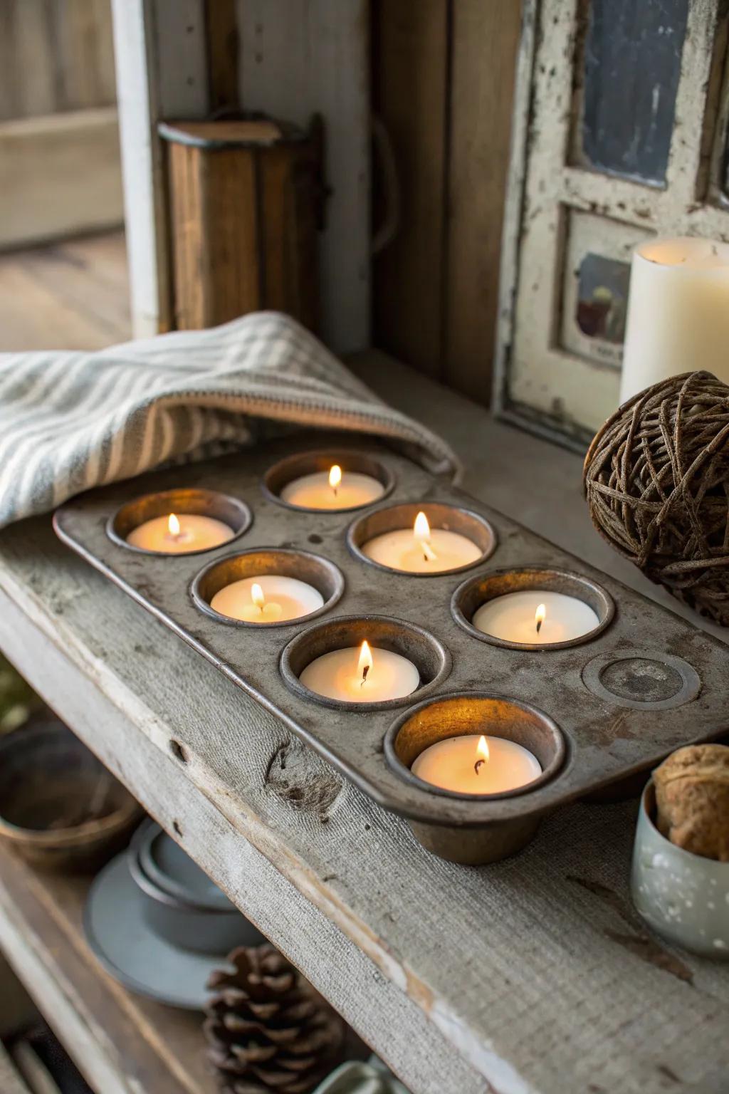 A vintage muffin pan turns into an attractive candle showcase.