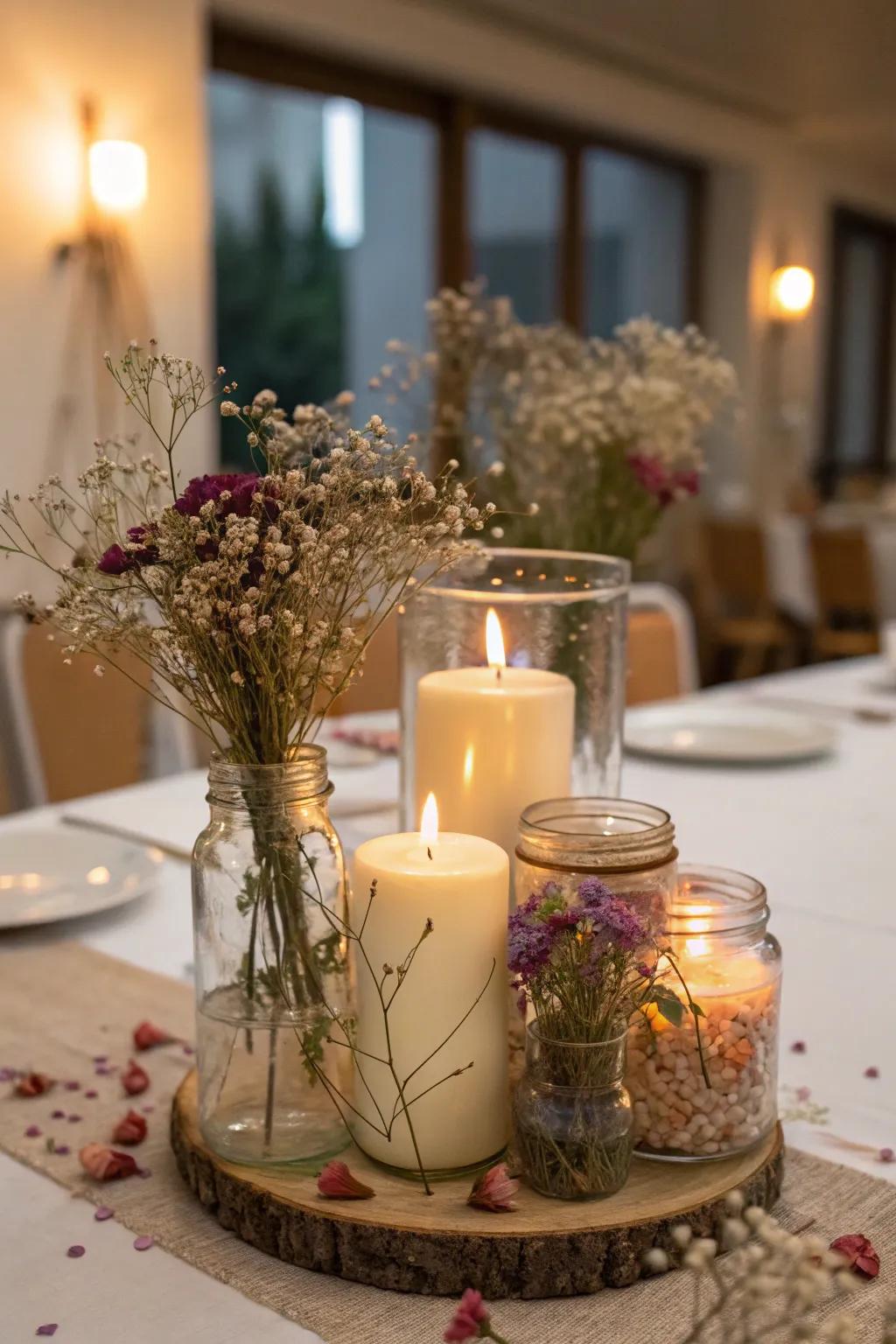 Delightful candle globes adorned with preserved blossoms.