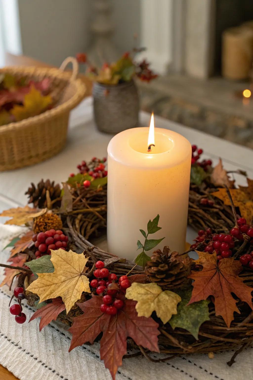 A garland featuring a pillar candle at its heart, serving as a captivating table accent.