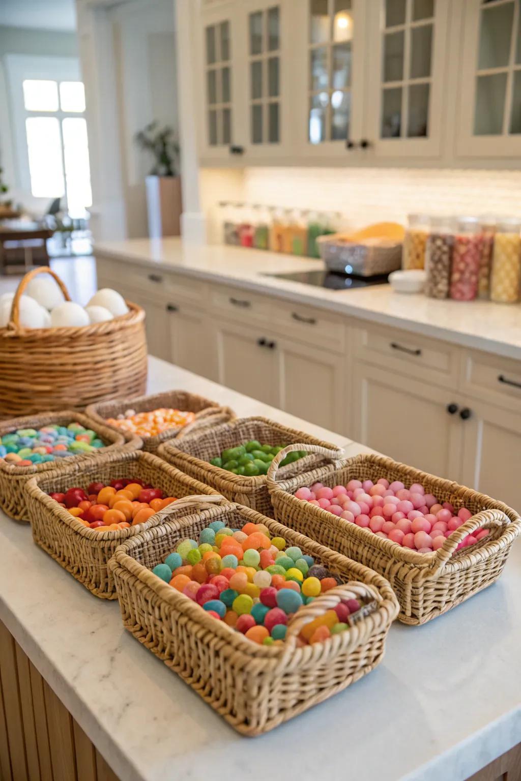 Delightful DIY sweets display employing everyday baskets.