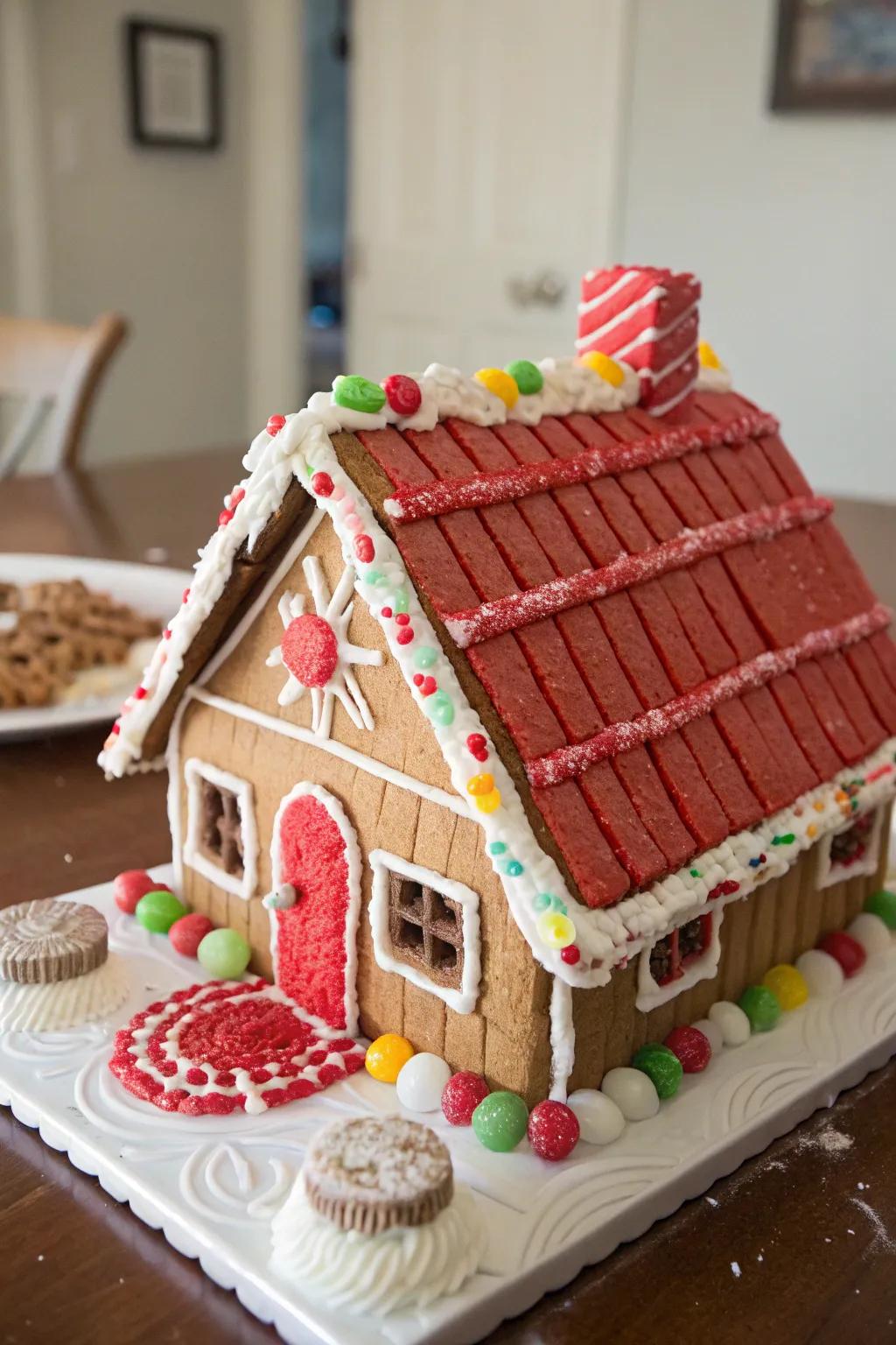 Red ropes ingeniously employed as roofing planks on a gingerbread house.
