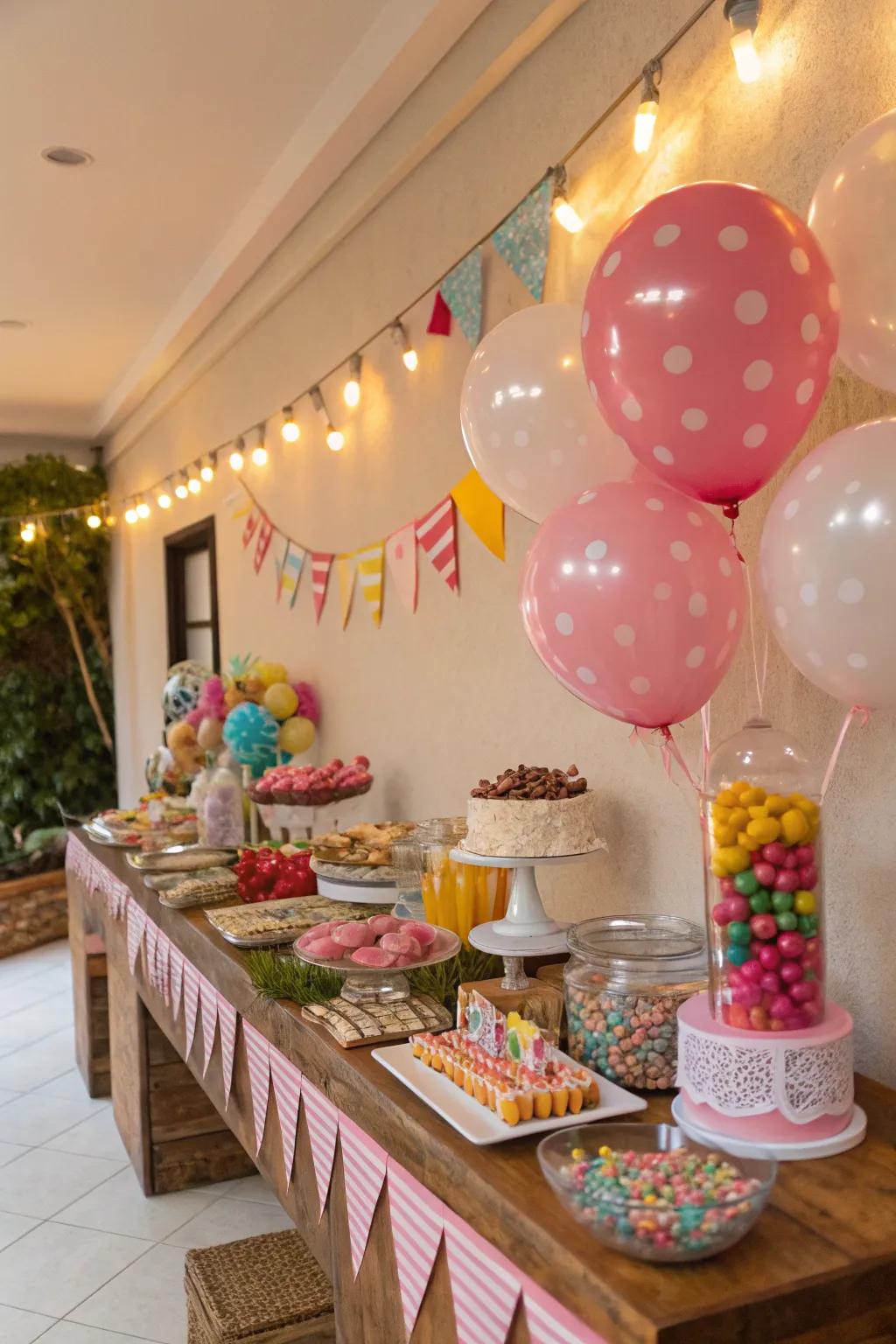 Banners and balloons adding flair to the candy station