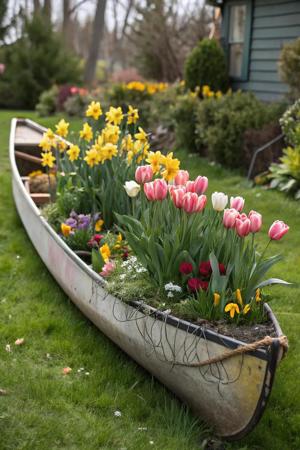 Celebrate the seasons with a watercraft planter filled with seasonal blooms.