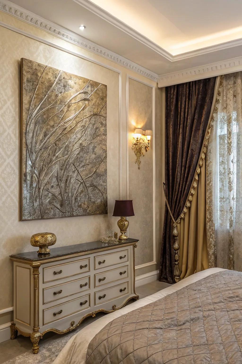 Impart depth using a textured artwork with metallic accents.