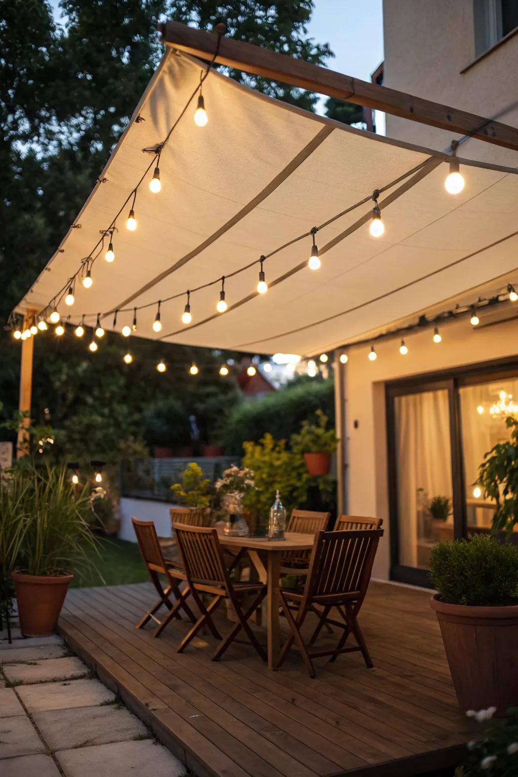 Integrated lighting in fabric covers creates a tranquil atmosphere.