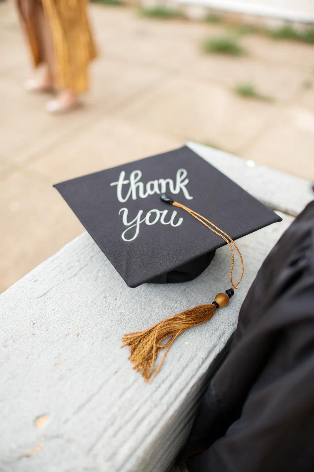 A graduation cap featuring a thank you note to express gratitude to supporters.