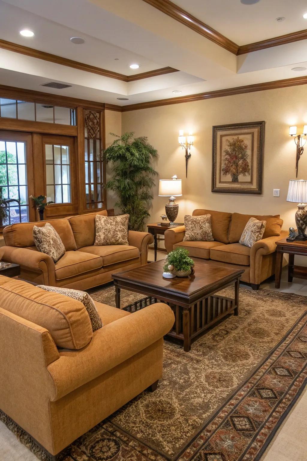 Practical layouts improve the usability of a butterscotch sofa space.