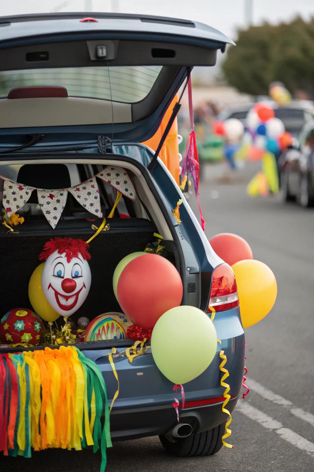 A cheerful clown-themed trunk, overflowing with color and amusement.