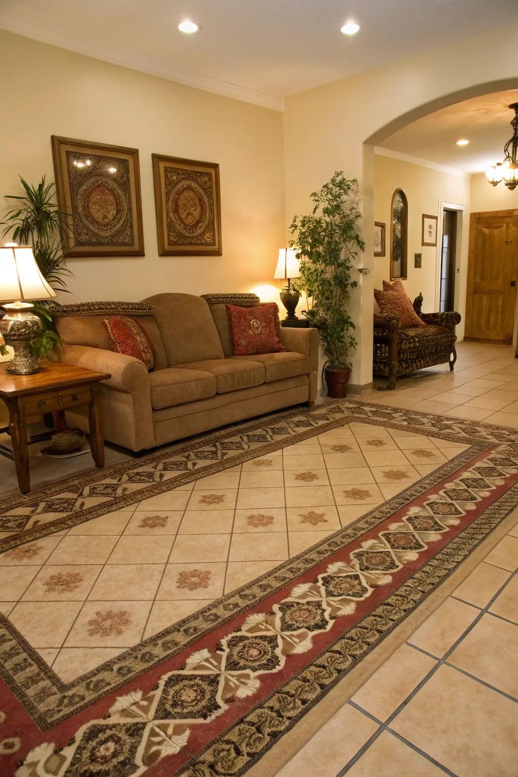 Rugged sophistication connecting rug and tile