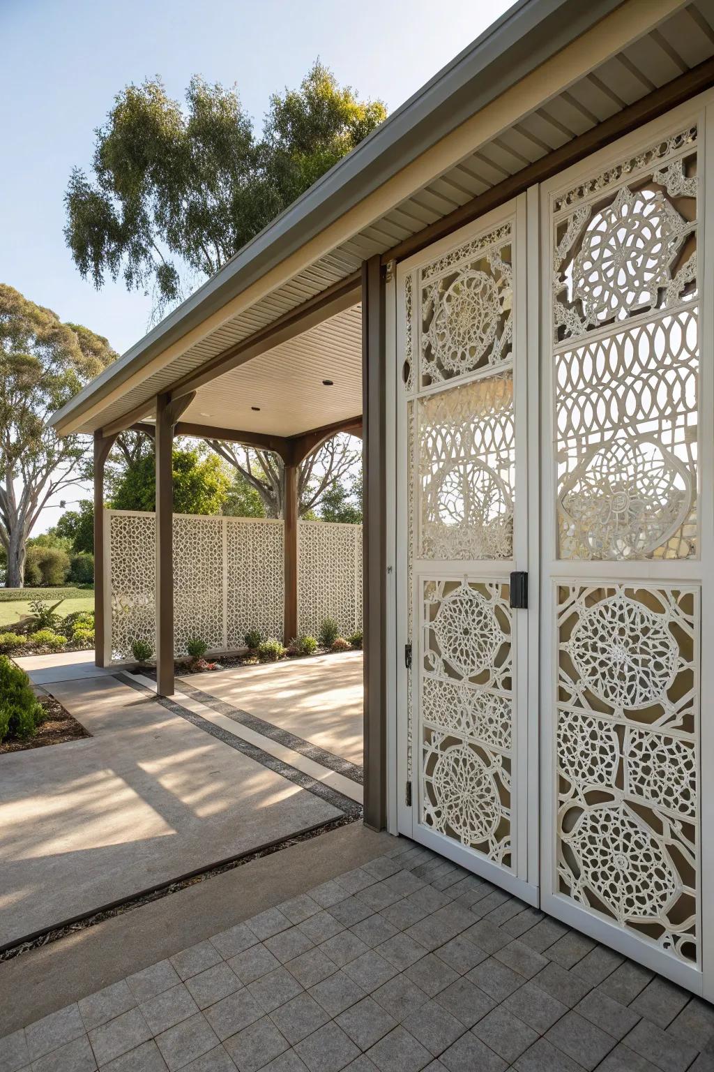 Carport featuring decorative lattice panel doors that give the design a creative touch.