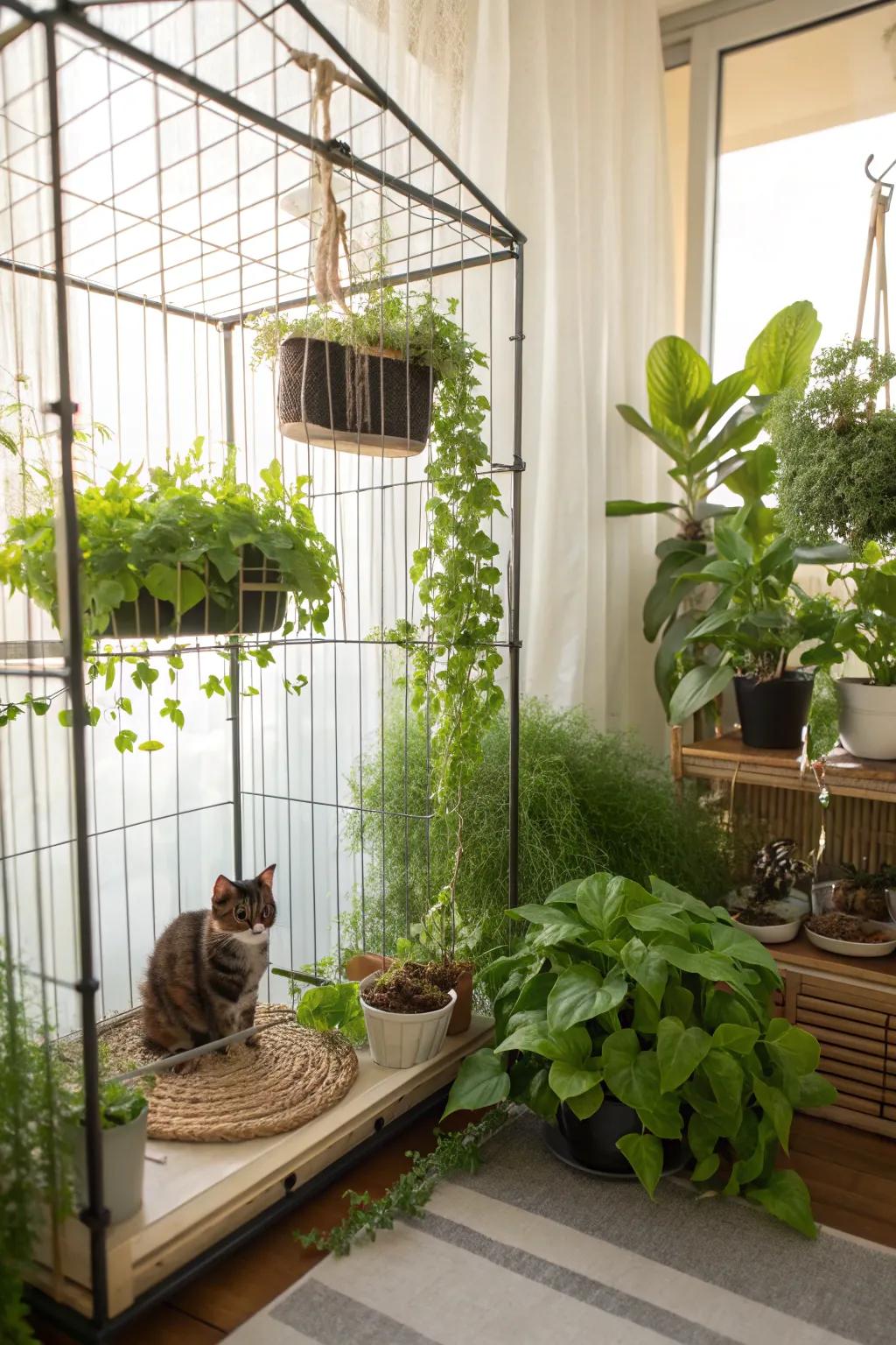 Natural aspects provide vibrancy and freshness to a cat enclosure.