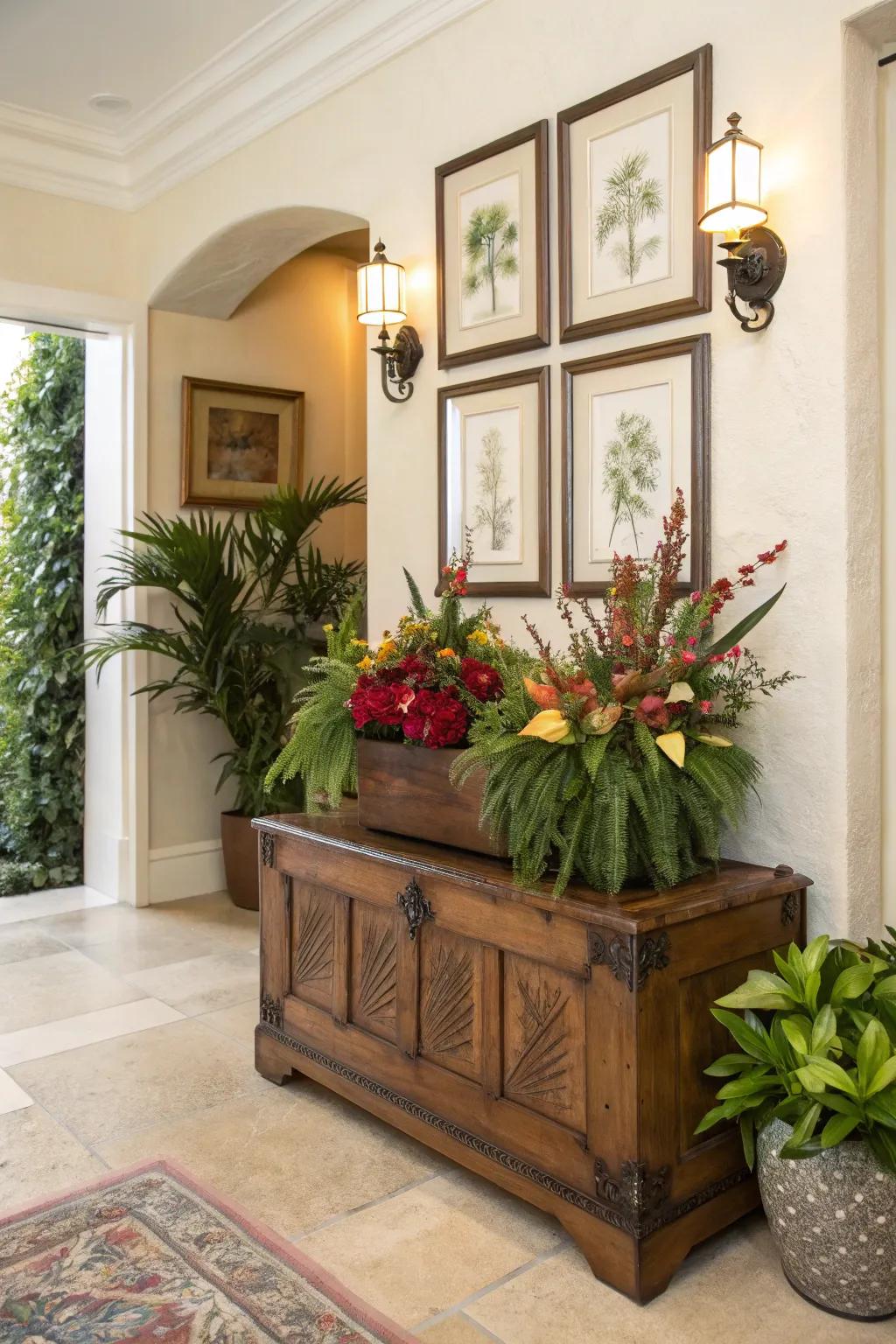 A blanket chest in the entryway makes an elegant and functional statement.