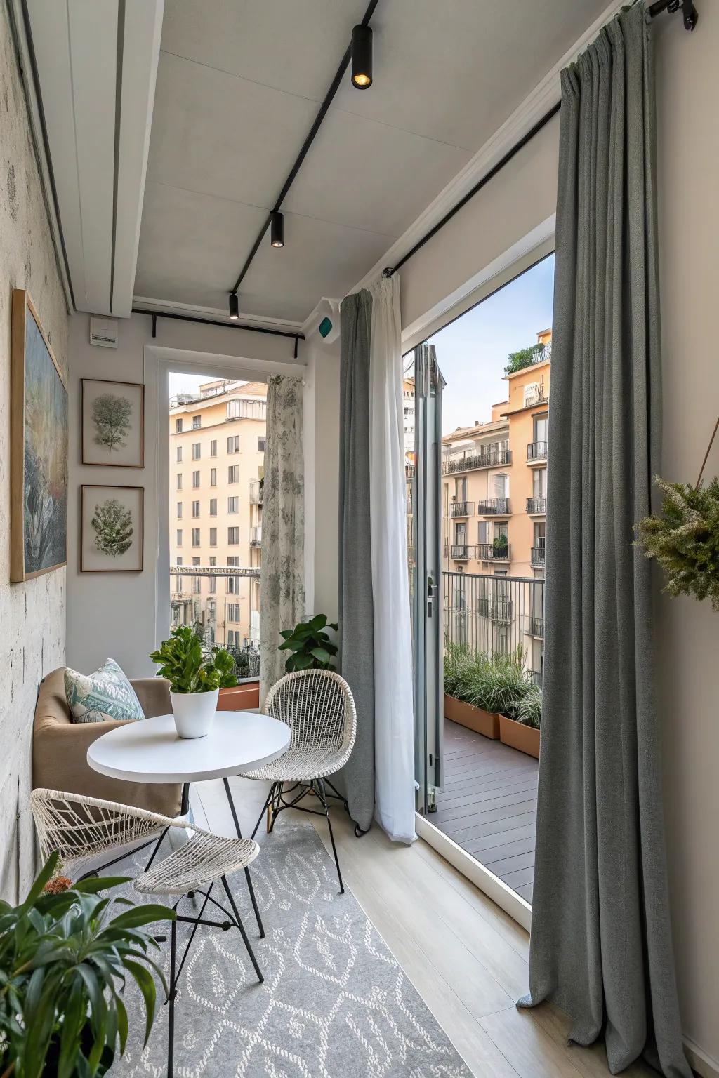 Ceiling-mounted curtains creating an illusion of height