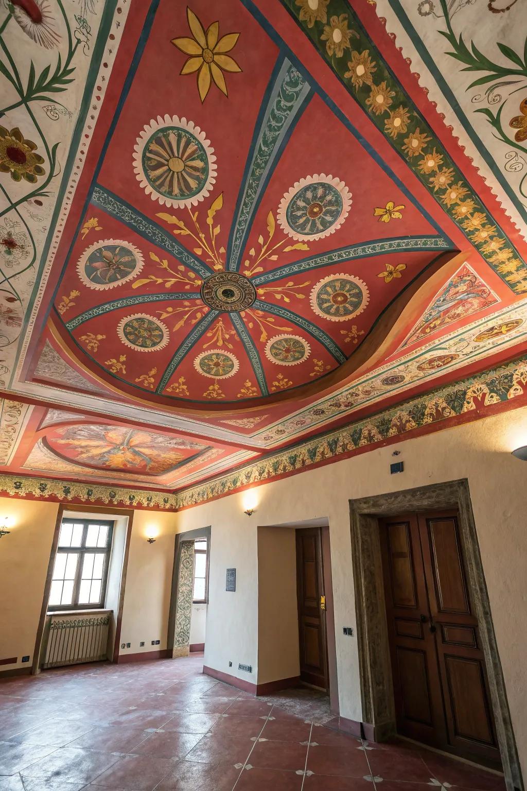 A strikingly painted ceiling contributing a vivid burst of color to the space.