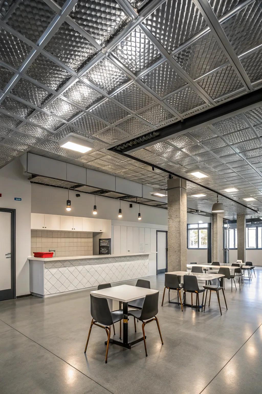 A modern area showcasing shiny ceiling squares for an industrial vibe.