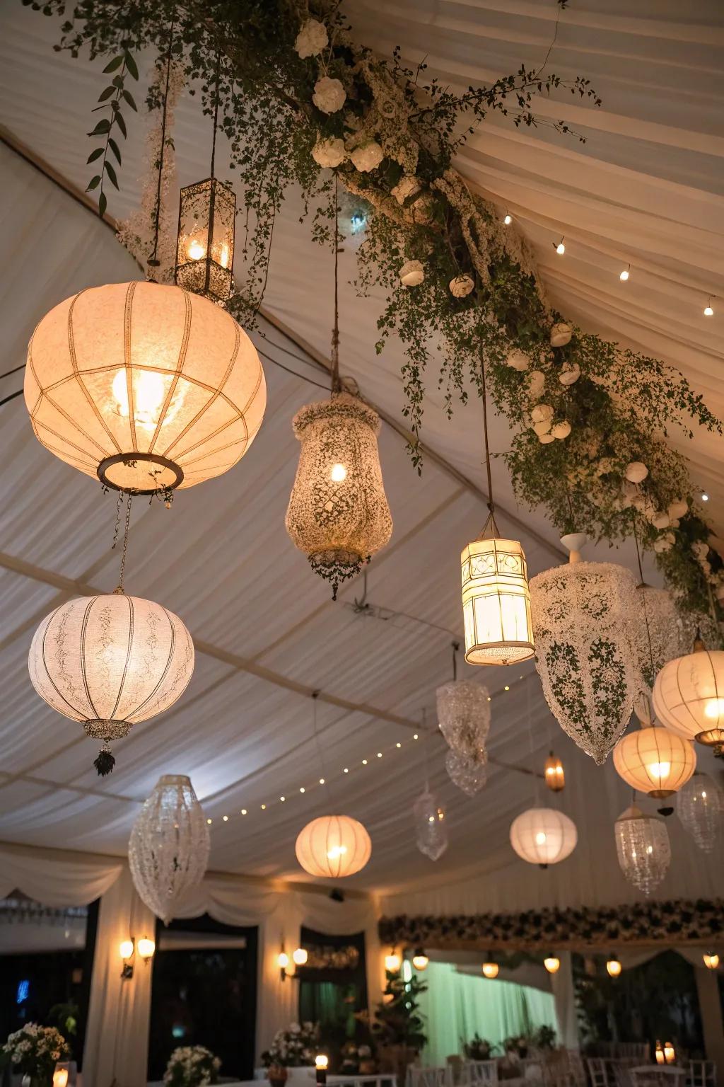 Suspended lanterns provide a cozy appeal.