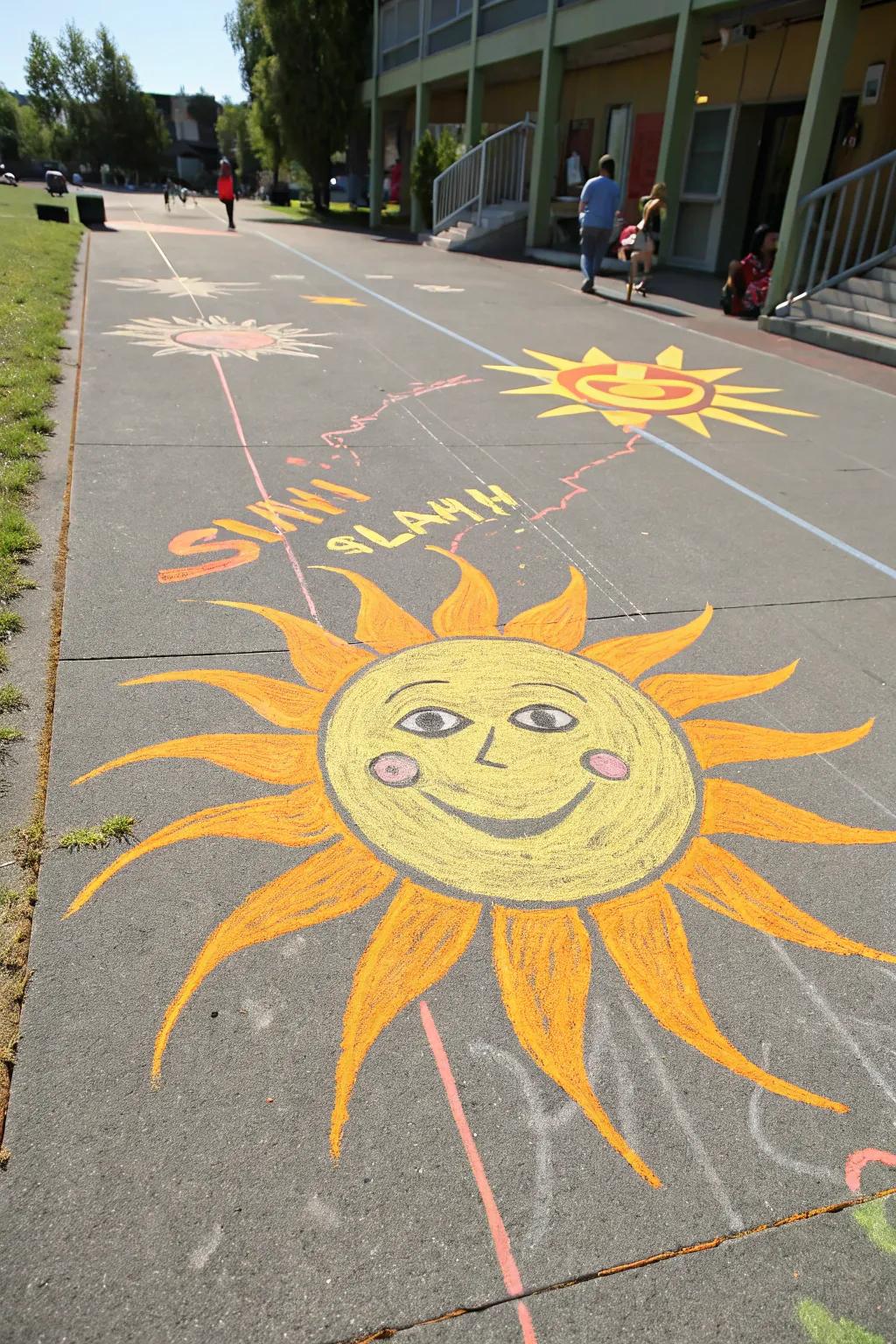 A cheerful sun chalk drawing overflowing with warmth and good energy.