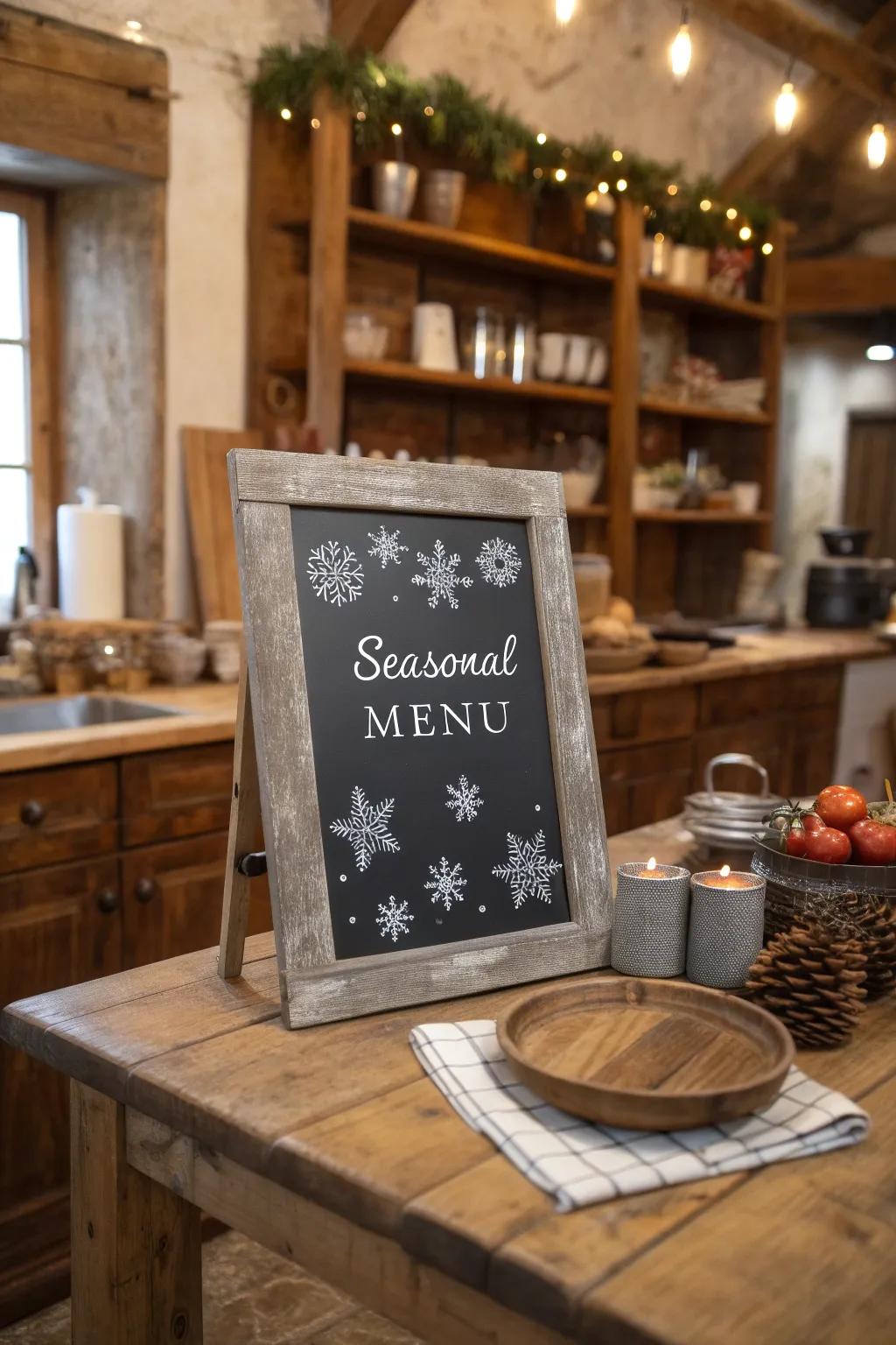 Seasonal elements like snowflakes add a festive touch to this winter-themed chalkboard menu.