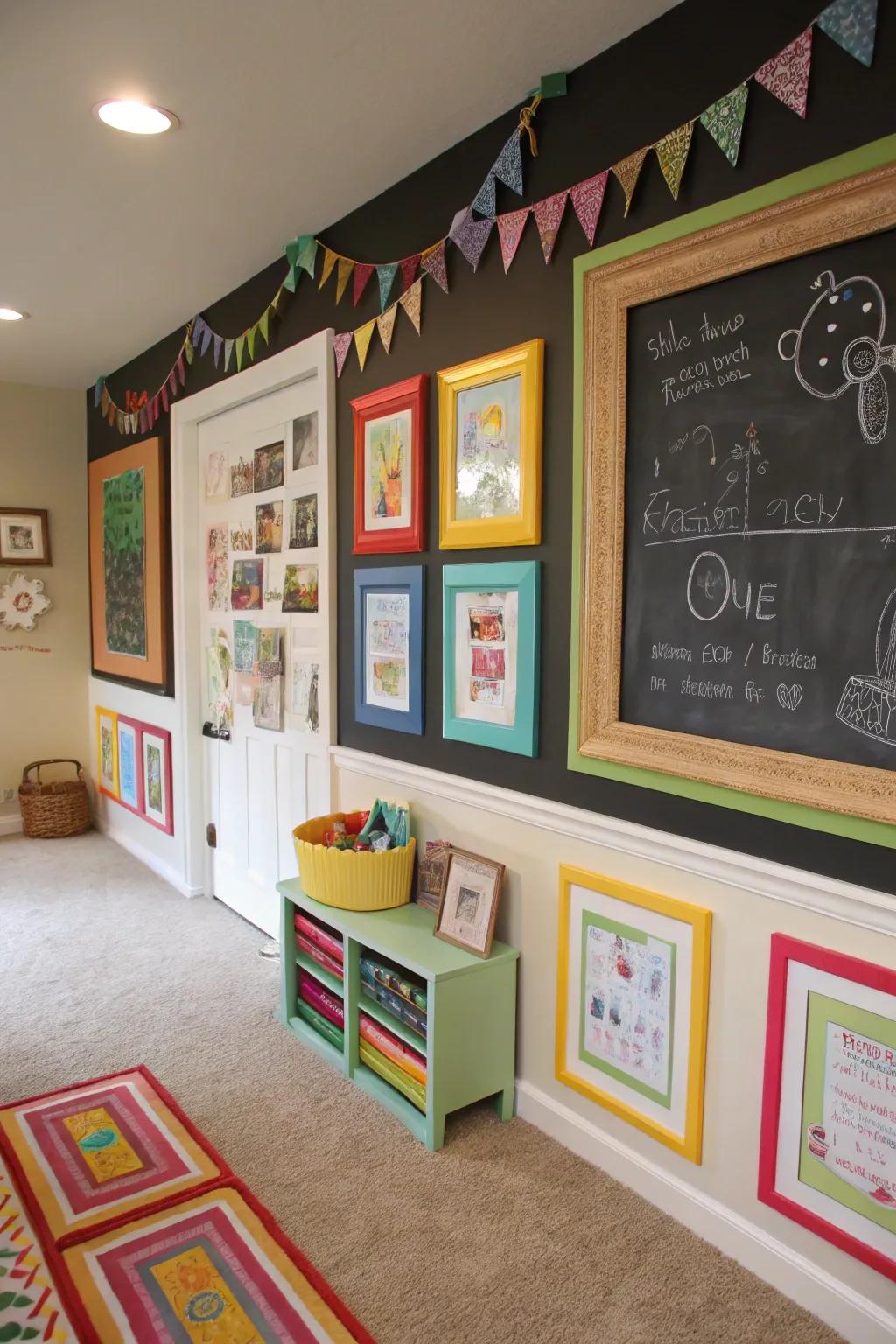 Framed chalkboard sections inspire personal creativity.