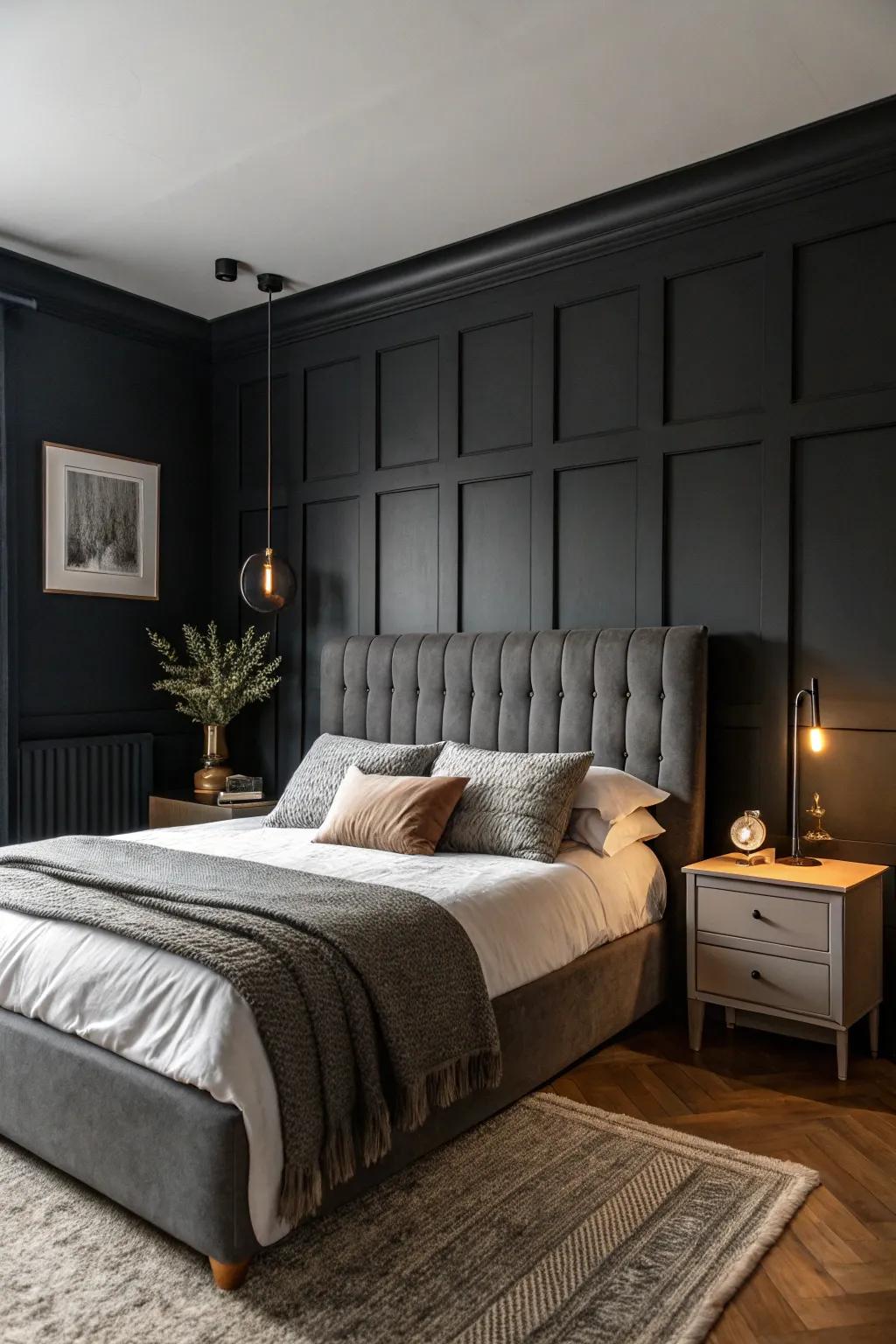 Deep walls arranged with a grey headboard for a dramatic and inviting bedroom.